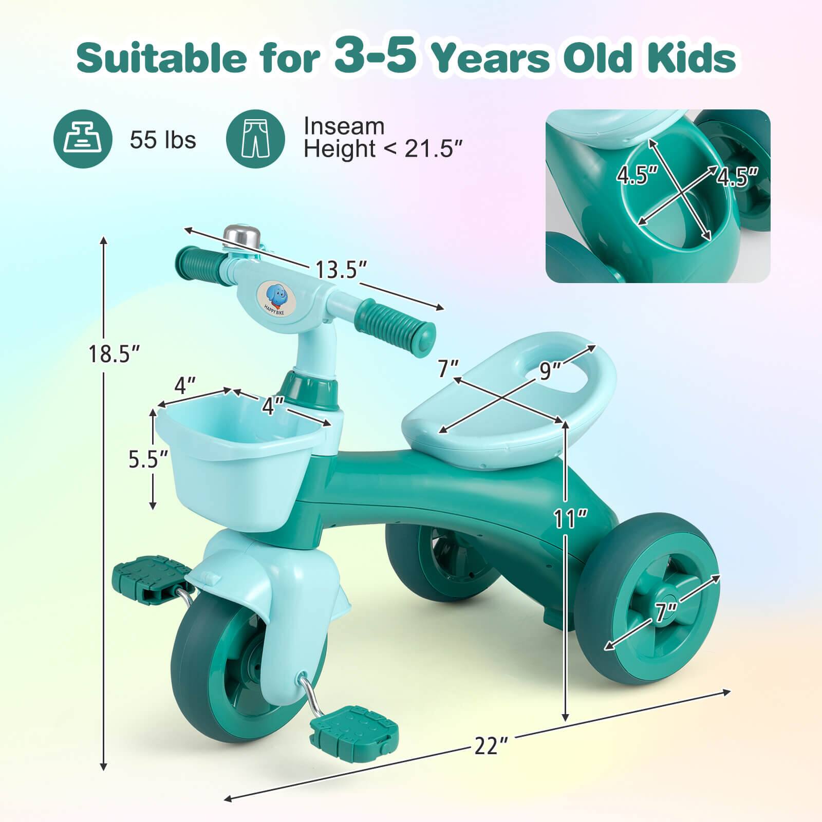 Suitable for 3-5 Years Old Kids  
55 lbs  
Inseam Height < 21.5"  
4.5"  
4.5"  
13.5"  
18.5"  
4"  
4"  
7"  
9"  
5.5"  
11"  
7"  
22"