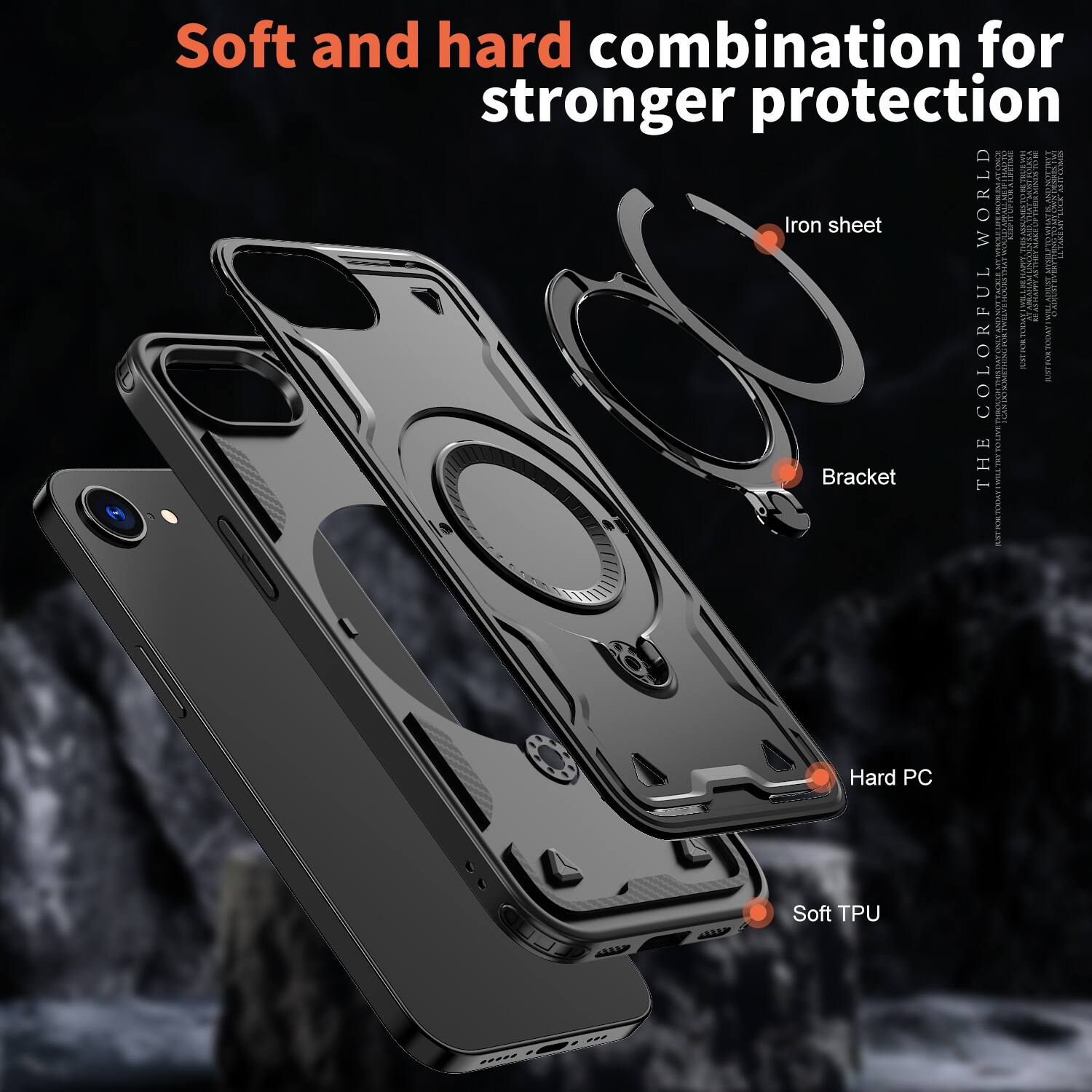 Soft and hard combination for stronger protection

Iron sheet
Bracket
Hard PC
Soft TPU