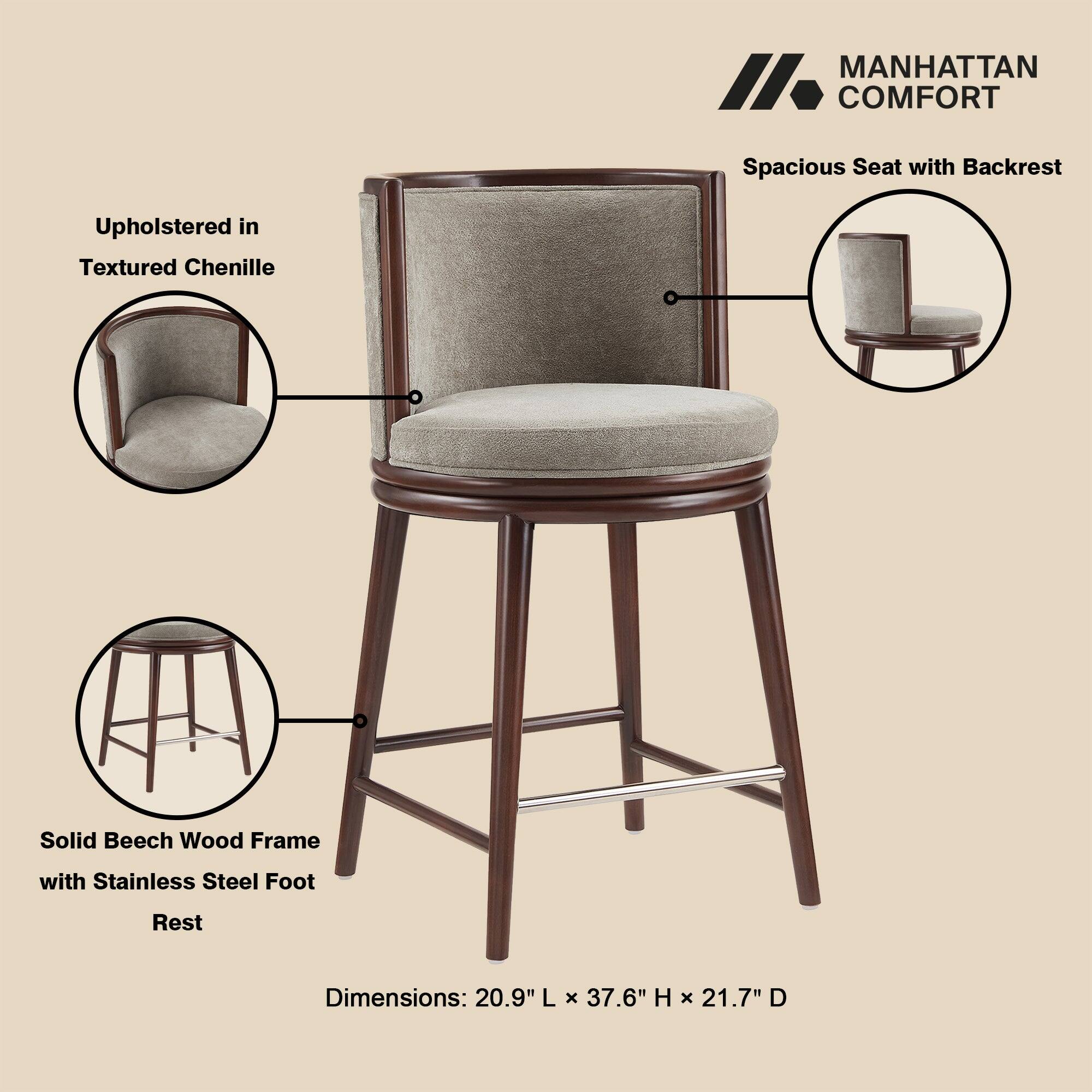 MANHATTAN COMFORT

Spacious Seat with Backrest

Upholstered in Textured Chenille

Solid Beech Wood Frame with Stainless Steel Foot Rest

Dimensions: 20.9" L x 37.6" H x 21.7" D