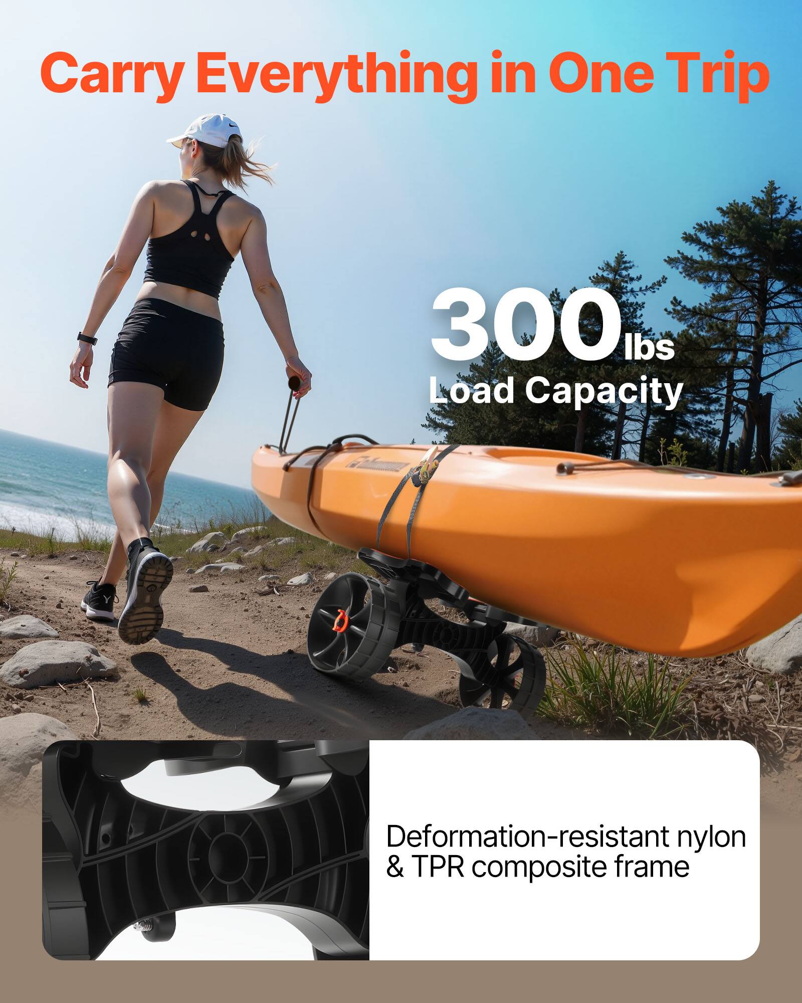 Carry Everything in One Trip  
300 lbs Load Capacity  
Deformation-resistant nylon & TPR composite frame