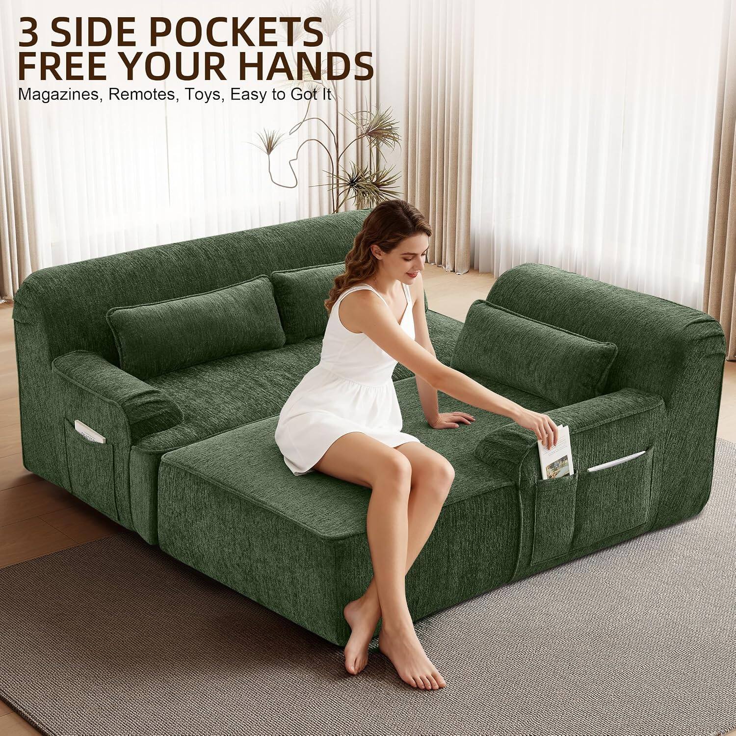 3 SIDE POCKETS FREE YOUR HANDS  
Magazines, Remotes, Toys, Easy to Got It