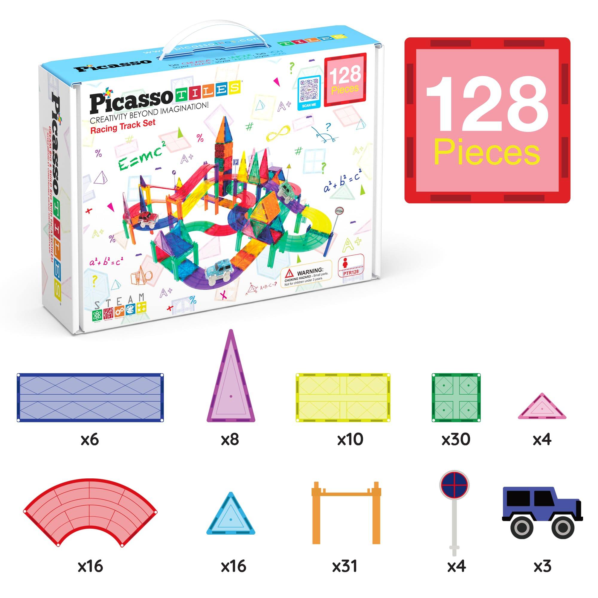 Picasso Tiles  
Creativity Beyond Imagination!  
Racing Track Set  

128 Pieces  

- 6 x Blue Rectangles  
- 8 x Purple Triangles  
- 10 x Yellow Rectangles  
- 30 x Green Squares  
- 4 x Pink Triangles  
- 16 x Red Arches  
- 16 x Blue Triangles  
- 31 x Orange Bridges  
- 4 x Red and Blue Stop Sign  
- 3 x Blue Cars  

E=mc²  
a² + b² = c²  

STEAM
