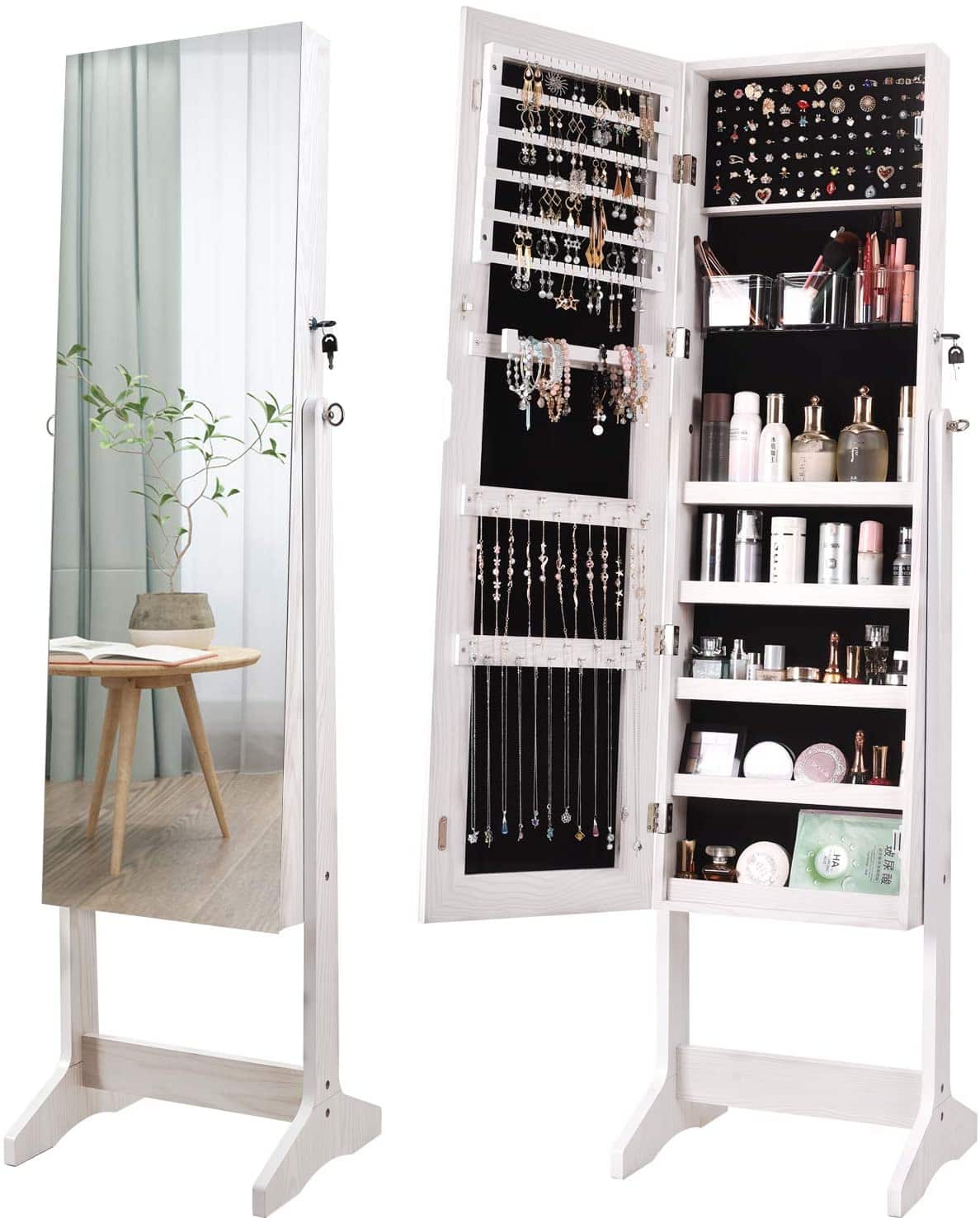 Oumilen - Lockable Jewelry Armoire with Full-Length Mirror & Cosmetics Storage - Black