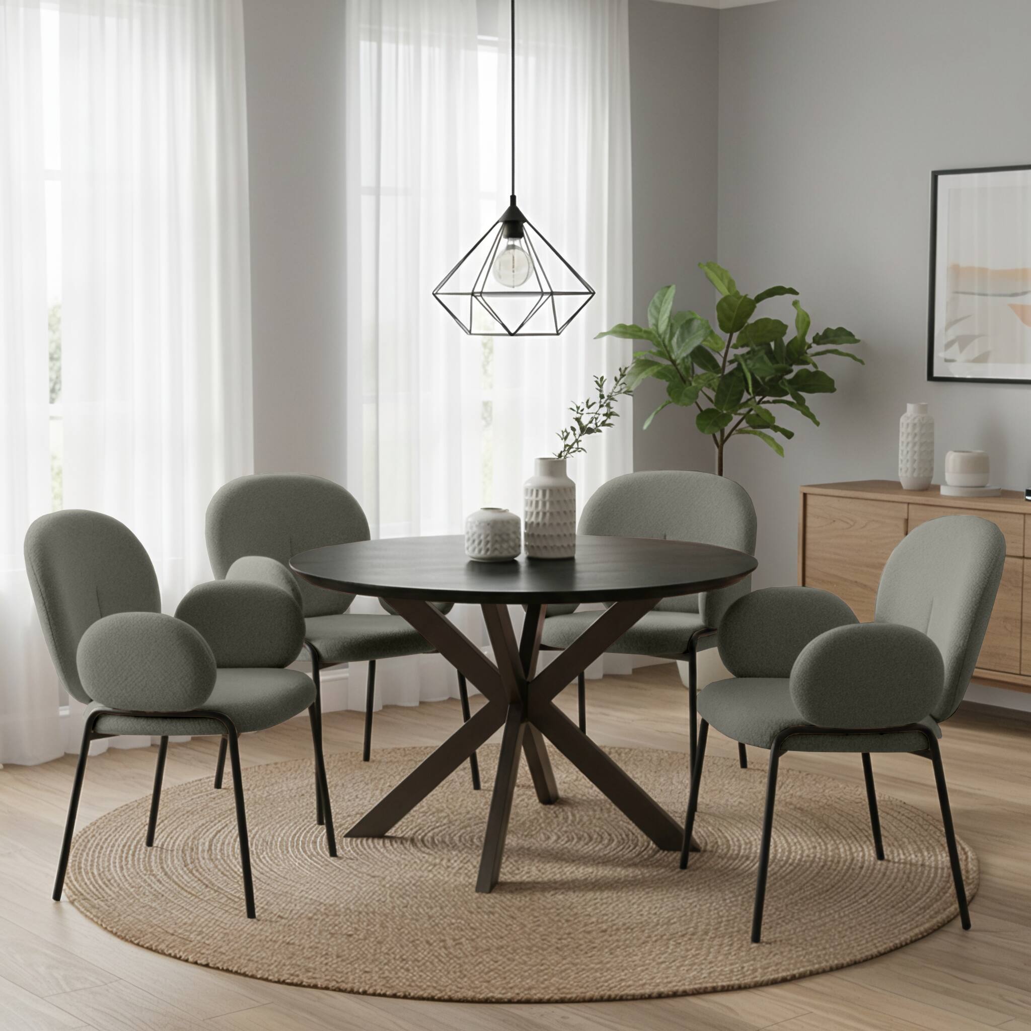 Angle. LeisureMod - Celestial 4-PCS Modern Boucle Accent Chair with Arms, Padded Cushion Kitchen Chair, Powder-Coated Black Frame - Green.
