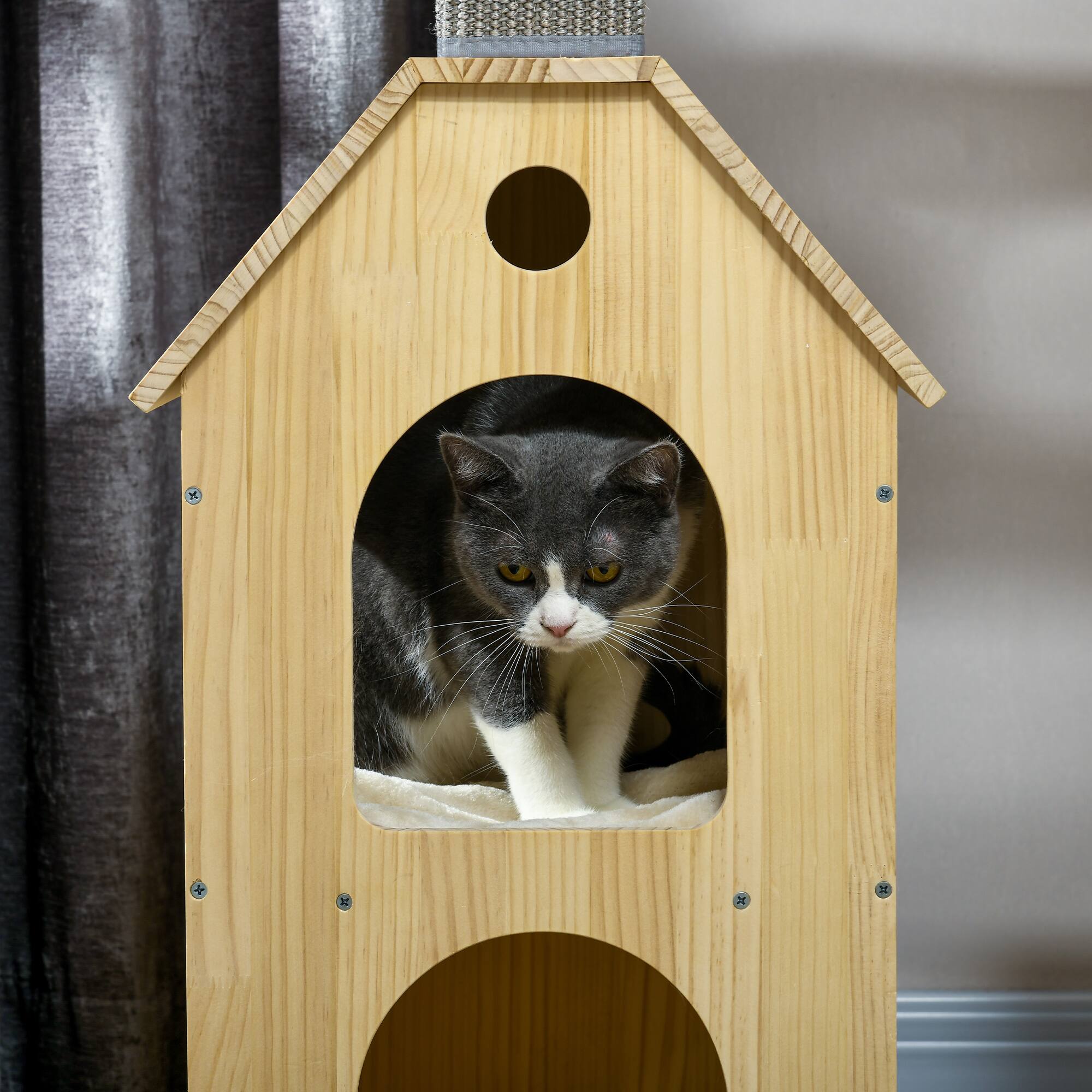 Alt View 4. Pawhut - 53" Modern Indoor Cat Tree, with Scratching Posts & Wheel, Double-Layer Cushioned House, Climbing Wooden Cat Furniture.