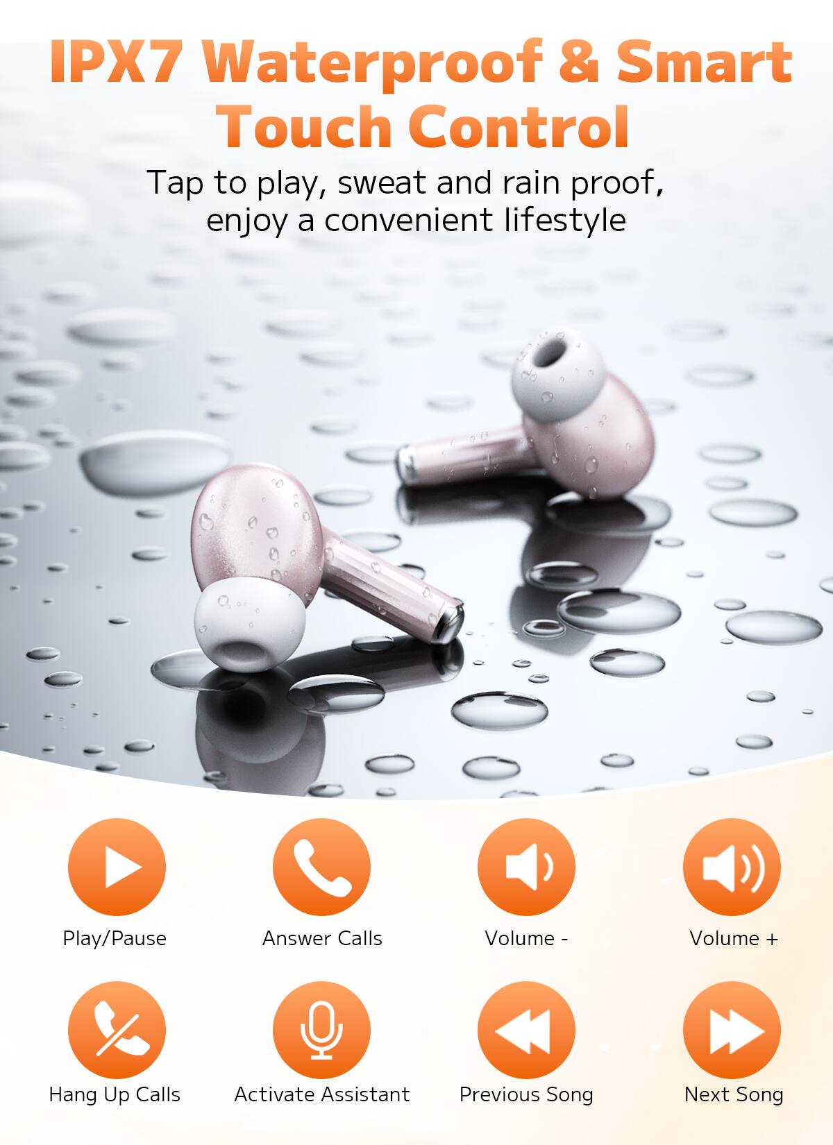 IPX7 Waterproof & Smart Touch Control

Tap to play, sweat and rain proof, enjoy a convenient lifestyle

- Play/Pause
- Answer Calls
- Volume -
- Volume +
- Hang Up Calls
- Activate Assistant
- Previous Song
- Next Song
