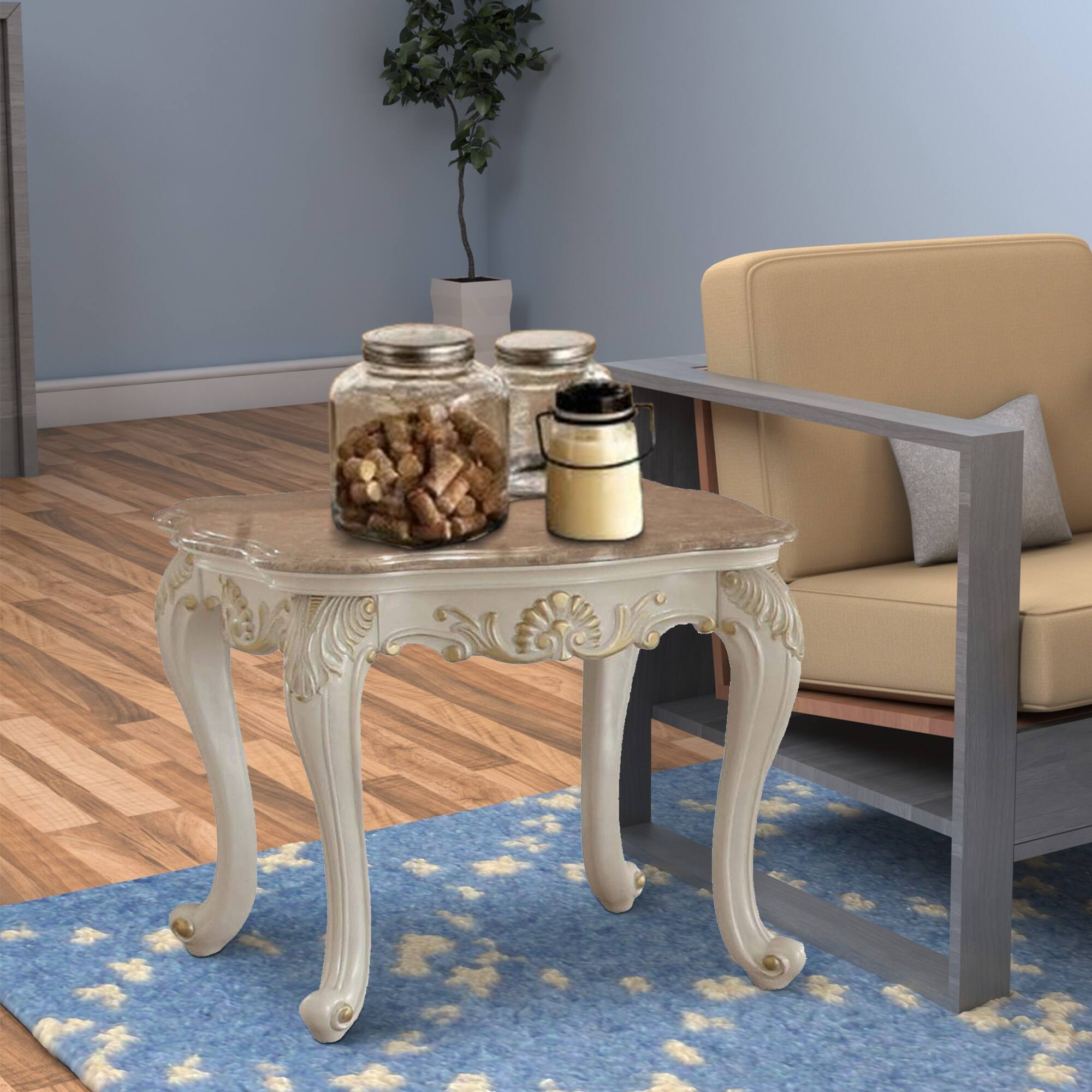 Alt View 5. Manhattan Lane - Wooden End Table With Marble Top - White and Gold.