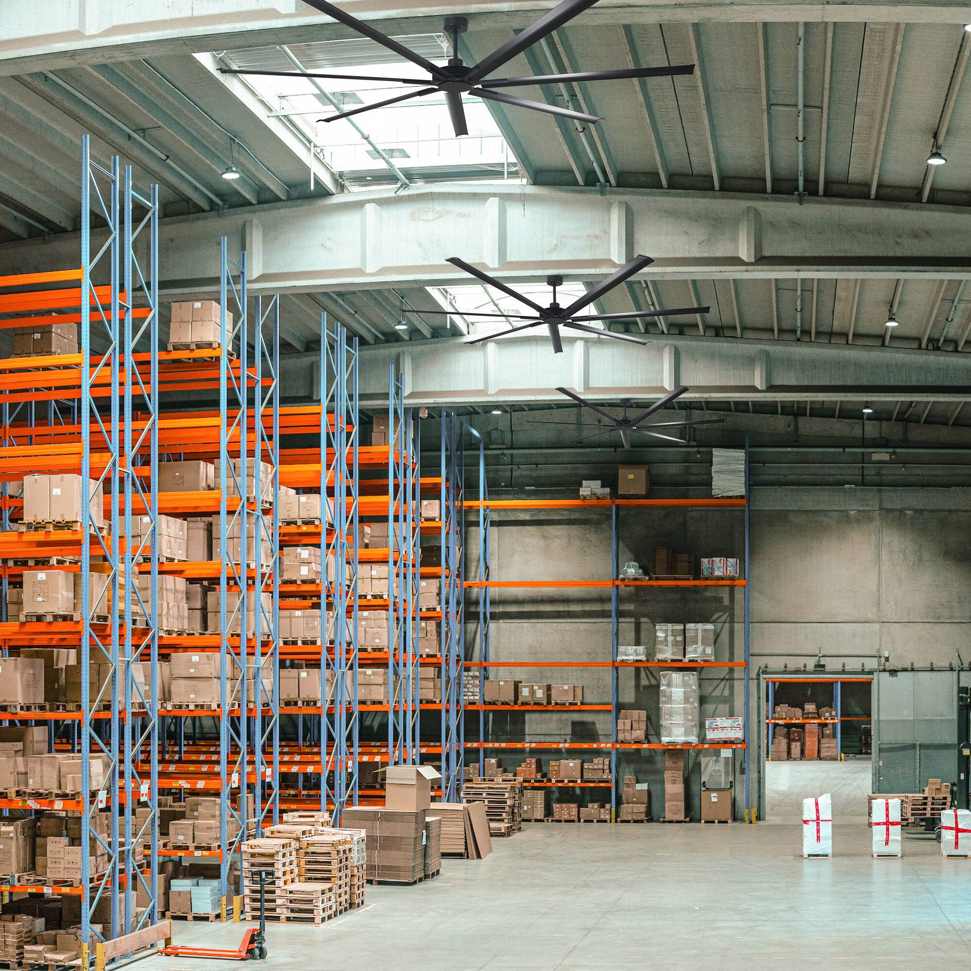 Left. Parrot Uncle - 84-inch Black Industrial Extra Large Commercial HVLS Ceiling Fan without Light, 7 Aluminum Blades and Remote Control - Matte Black.