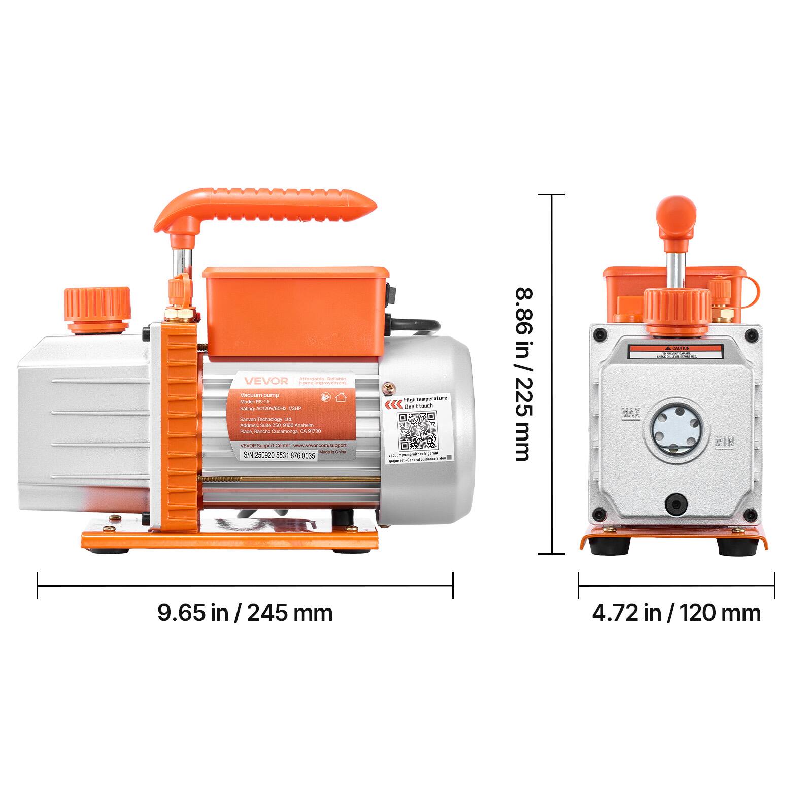 Carbohydrates, VEVOR Flome improvement, Vacuum pump Model RS-13 Rating ACT22N/60H THP Somven Technology Ltd. Address: Softs DE Anaheim Fact anche/Cucamonga CA 9550 VEVORSupport/Center www.vevor.com/support Wade in-Chilla SN:250920 5531 876 0035

the temperature. Clean touch - my the repent Libror reell -

in 8.86 / 225 mm
-
9.65 65in/245 mm
4.72in/120mm