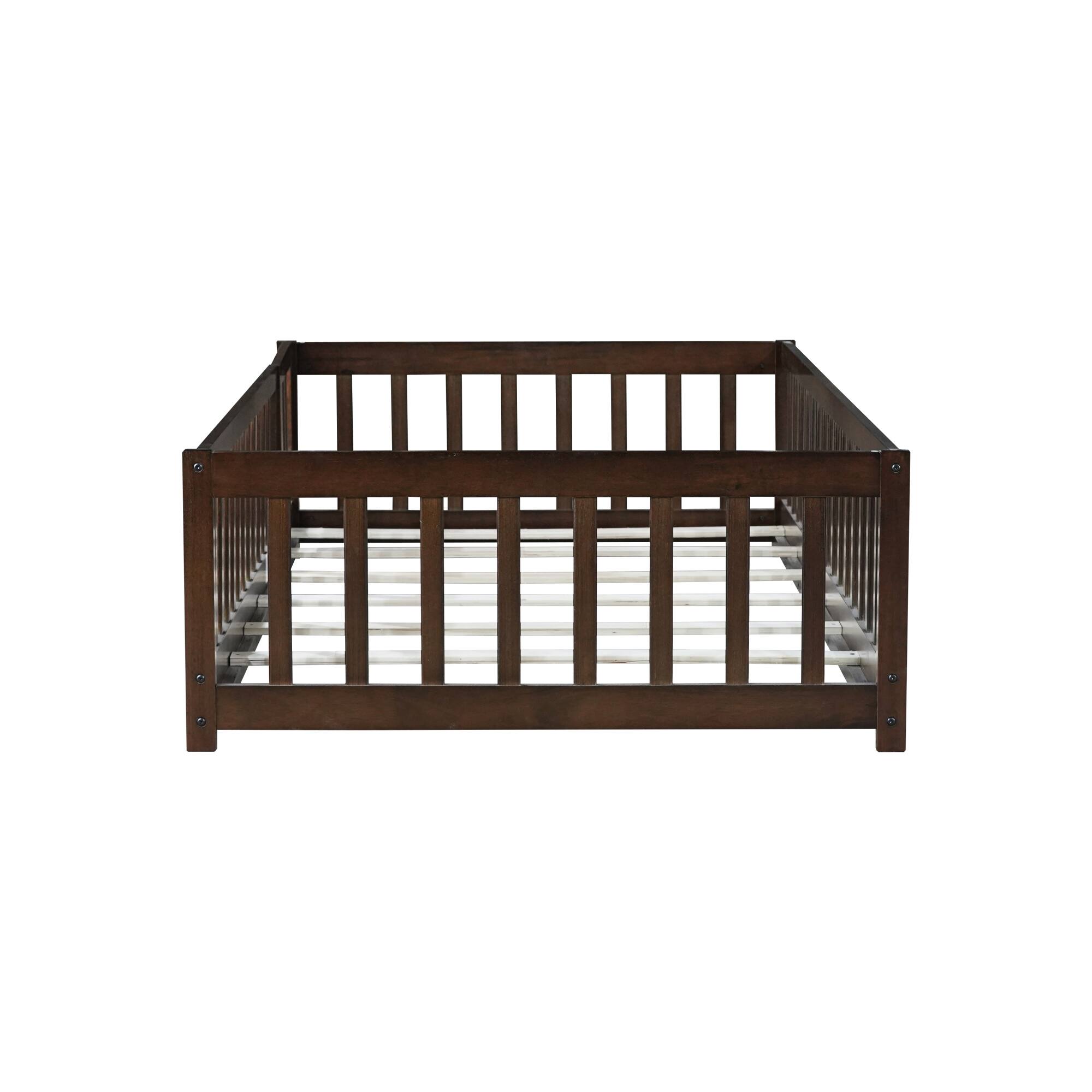 Alt View 8. GOODSILO - Twin Size Low-Profile Children's Floor Bed with Safety Guardrails and Entry Door, Natural Wood Finish - Espresso.