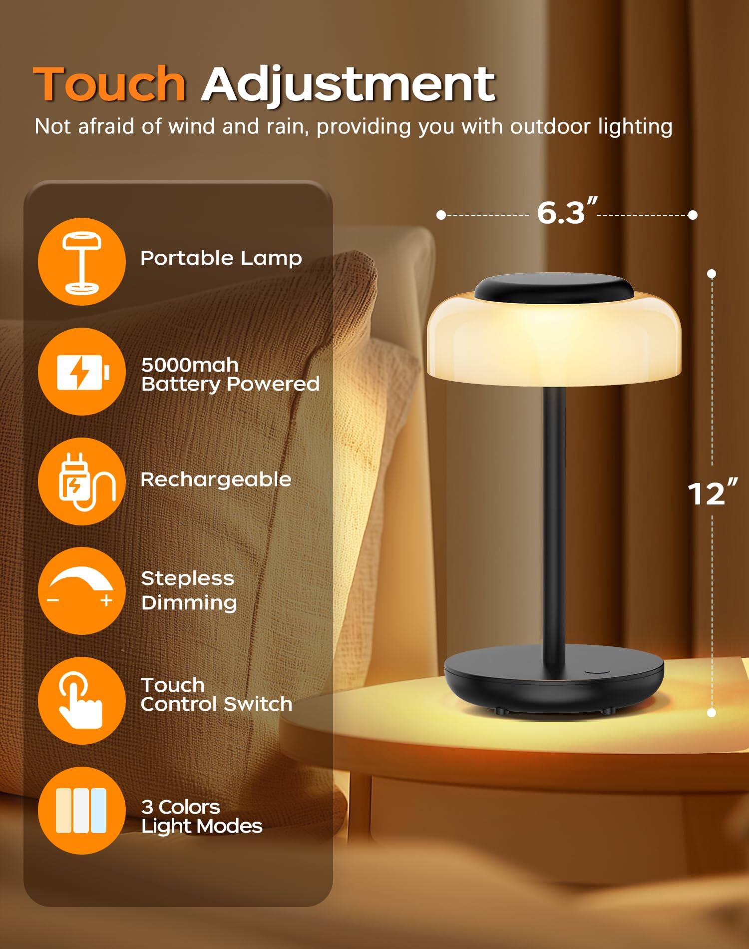 Touch Adjustment  
Not afraid of wind and rain, providing you with outdoor lighting  

- Portable Lamp  
- 5000mah Battery Powered  
- Rechargeable  
- Stepless Dimming  
- Touch Control Switch  
- 3 Colors Light Modes  

6.3"  
12"