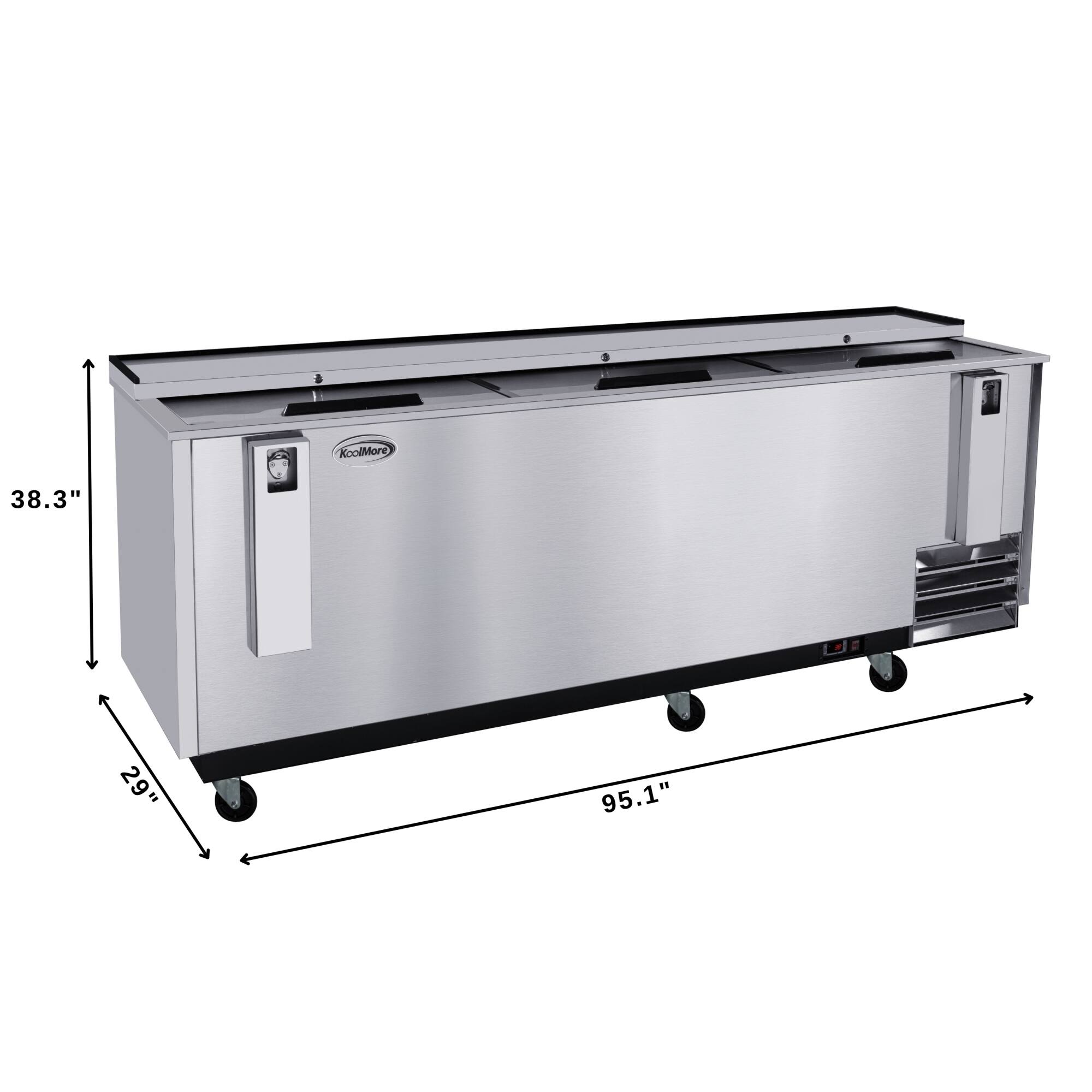 The dimensions of the stainless steel refrigerator are 38.3" x 29" x 95.1".