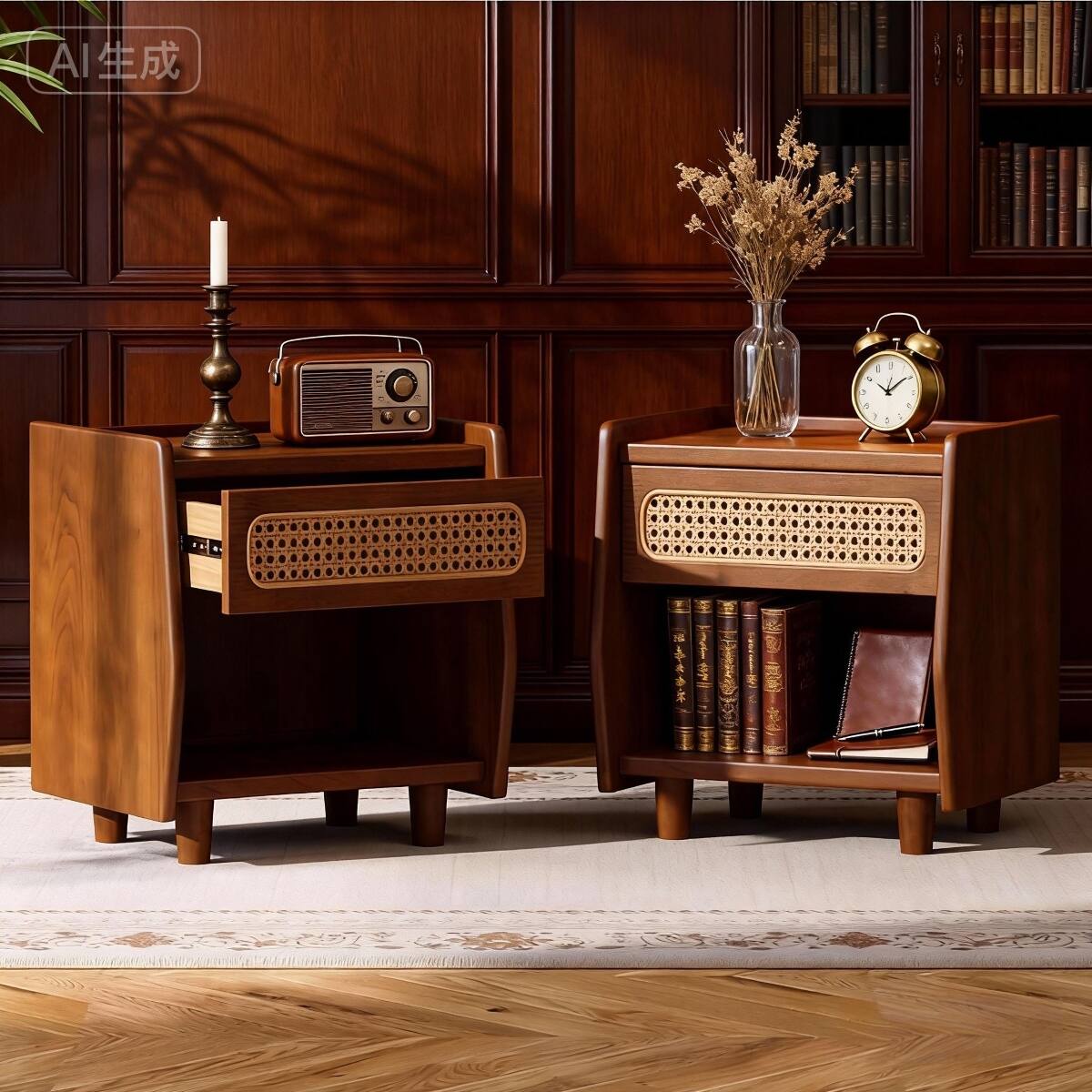 Left. Loheer - Loheer Walnut Nightstand with Rattan Detail, Open Shelf and Drawer, Modern Bedroom Storage - Walnut.