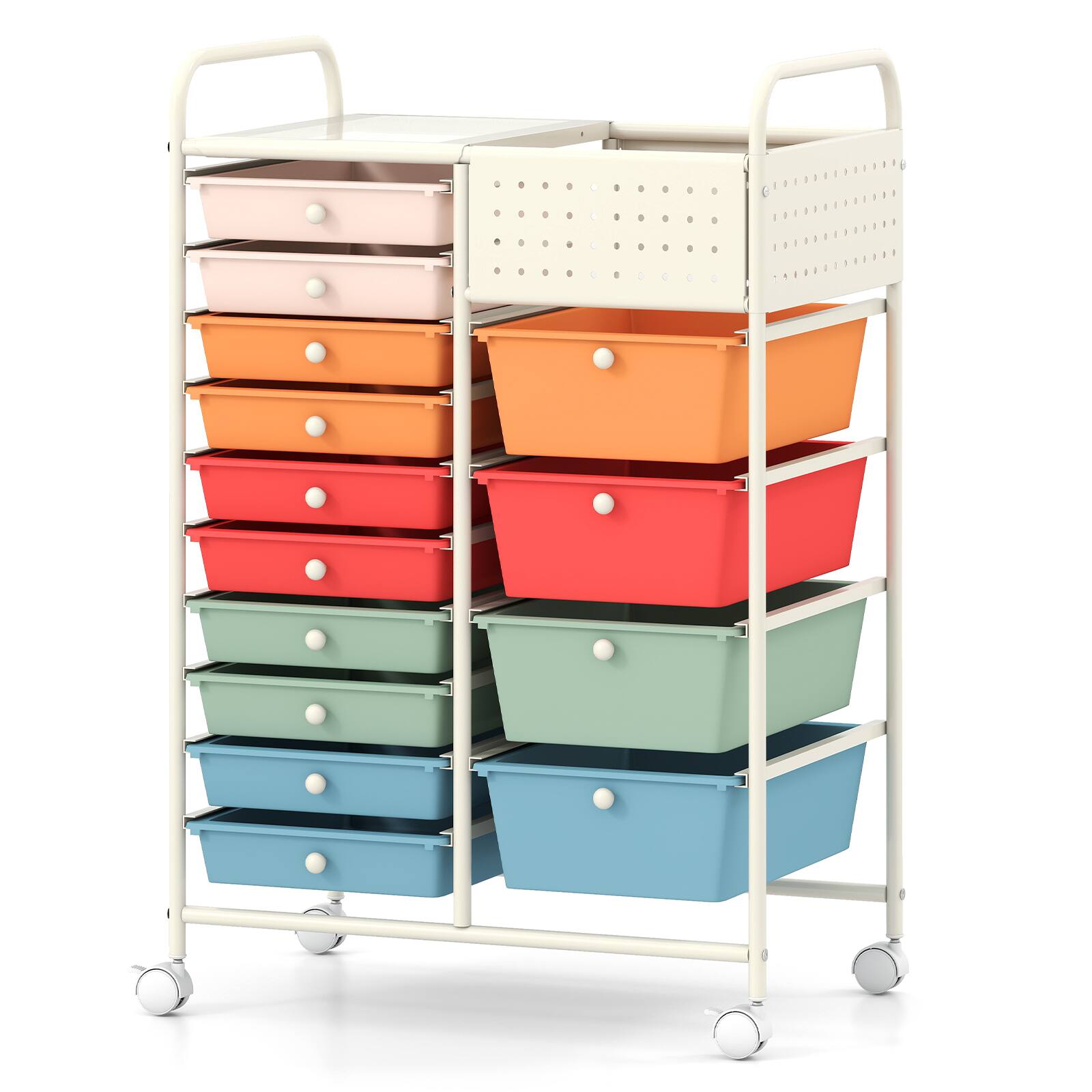 Costway - 14-Drawer Art & Craft Storage Carts with Pegboard, 2 Locking Brakes, Metal Frame for Home - Macaron+White price history on PriceWatchPro