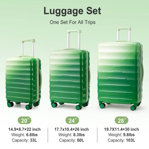 Luggage Set  
One Set For All Trips  

20"  
14.9x8.7x22 inch  
Weight: 6.8lbs  
Capacity: 33L  

24"  
17.7x10.4x26 inch  
Weight: 8.3lbs  
Capacity: 60L  

28"  
19.7x11.4x30 inch  
Weight: 9.8lbs  
Capacity: 103L