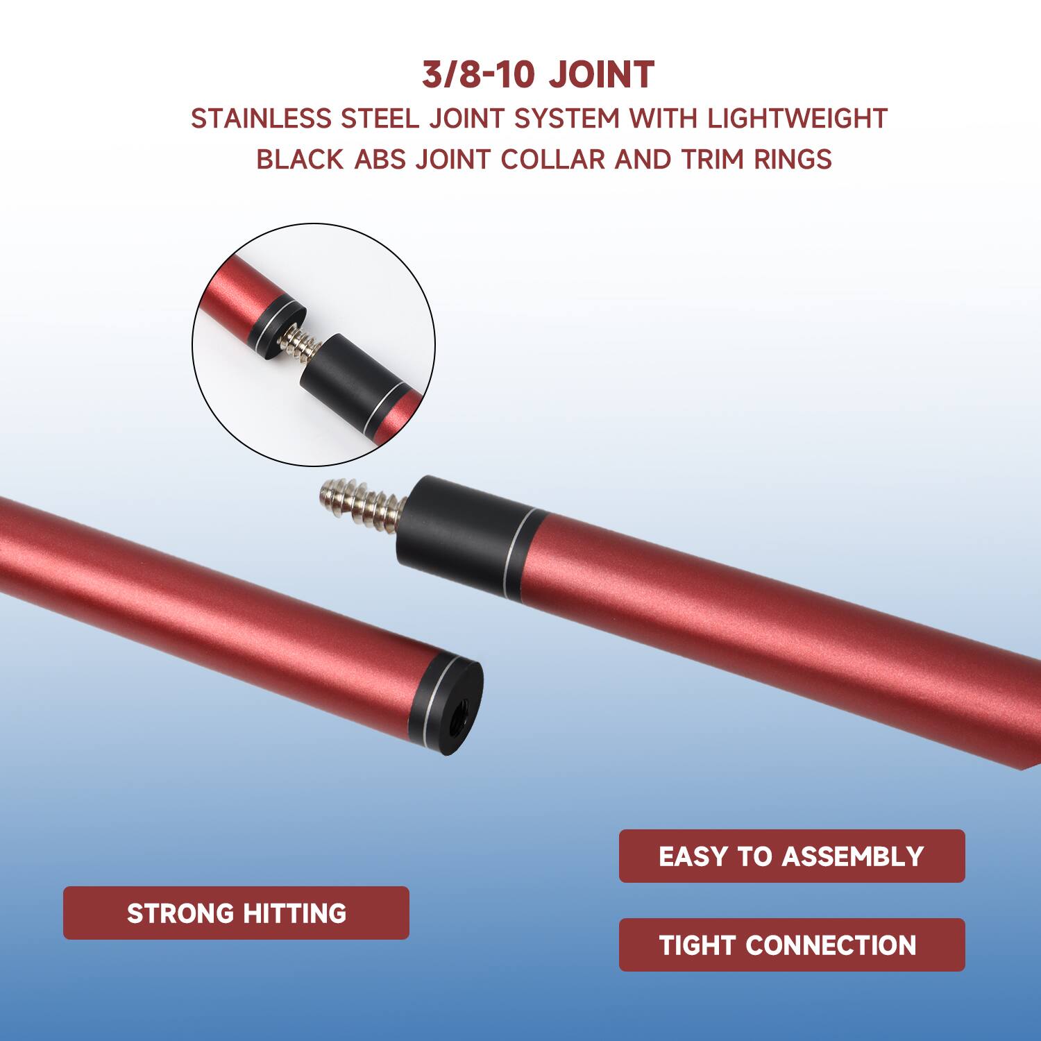 3/8-10 JOINT, STAINLESS STEEL JOINT SYSTEM WITH LIGHTWEIGHT BLACK ABS JOINT COLLAR AND TRIM RINGS, EASY TO ASSEMBLY, STRONG HITTING, TIGHT CONNECTION