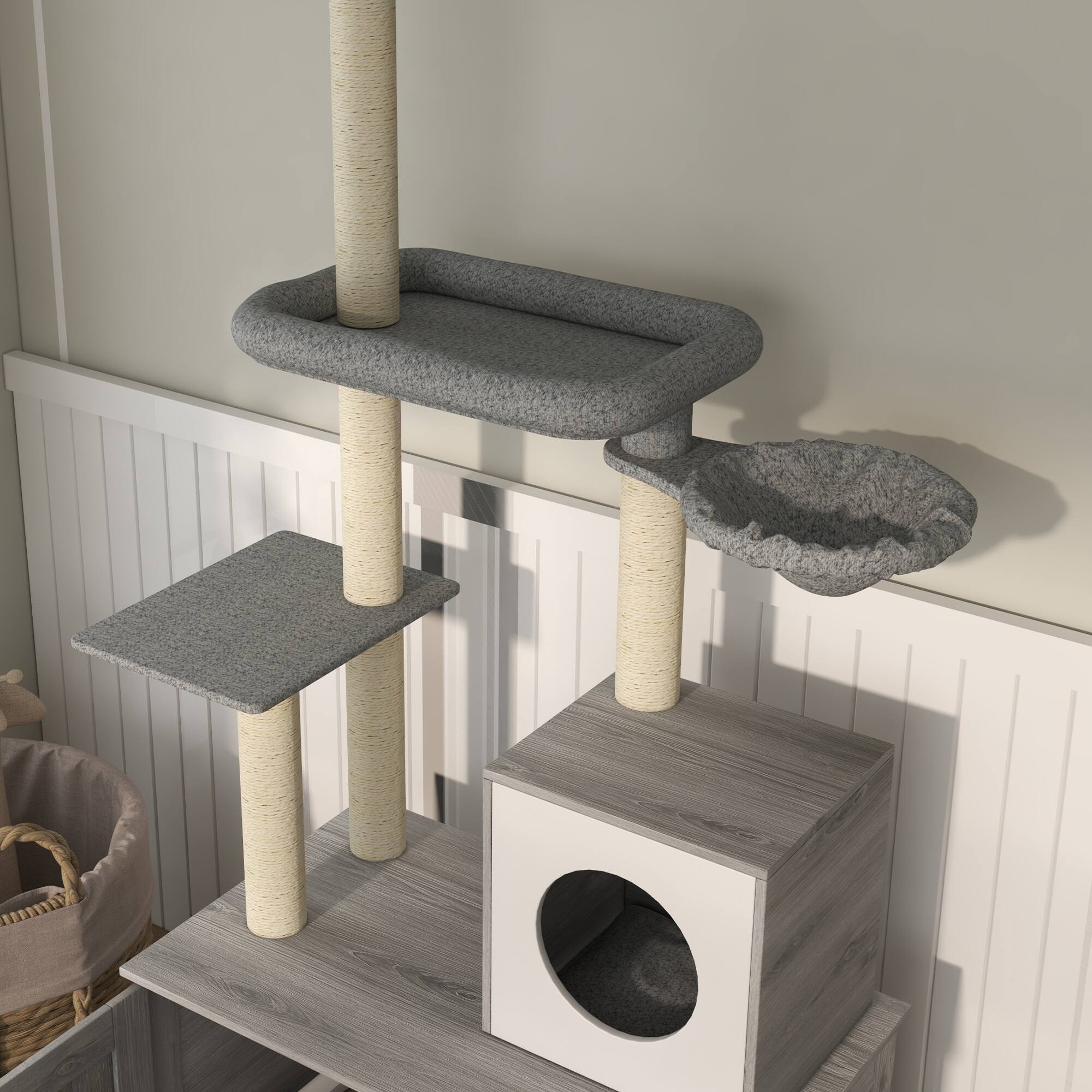 Alt View 4. Pawhut - Cat Tree with Litter Box Enclosure, 2 in 1 Floor to Ceiling Furniture with Condo, Hammock, Scratching Posts - Gray.