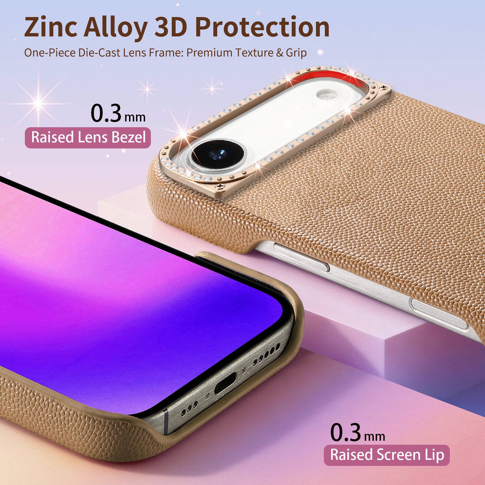 Zinc Alloy 3D Protection  
One-Piece Die-Cast Lens Frame: Premium Texture & Grip  
0.3 mm Raised Lens Bezel  
0.3 mm Raised Screen Lip
