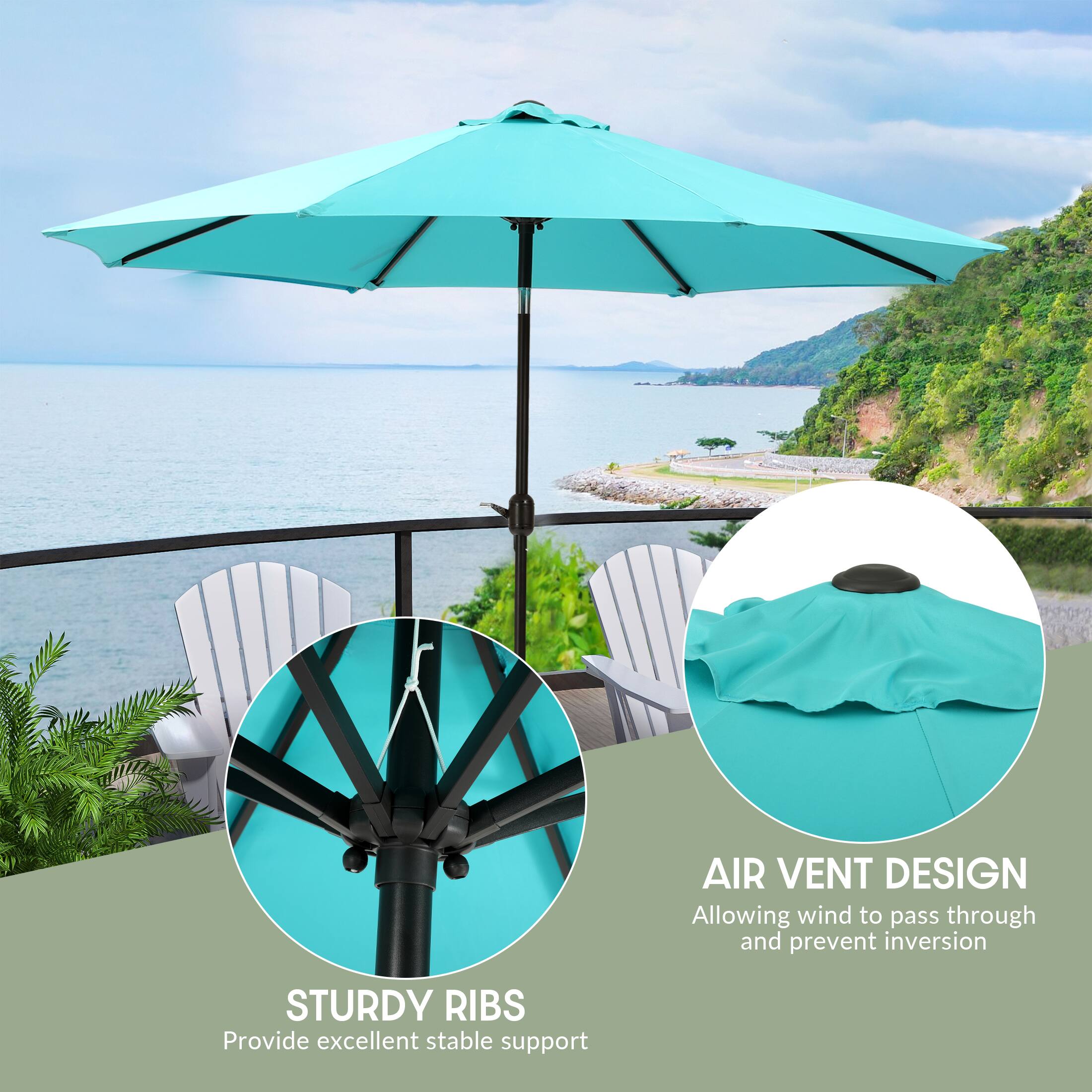 AIR VENT DESIGN  
Allowing wind to pass through and prevent inversion  

STURDY RIBS  
Provide excellent stable support
