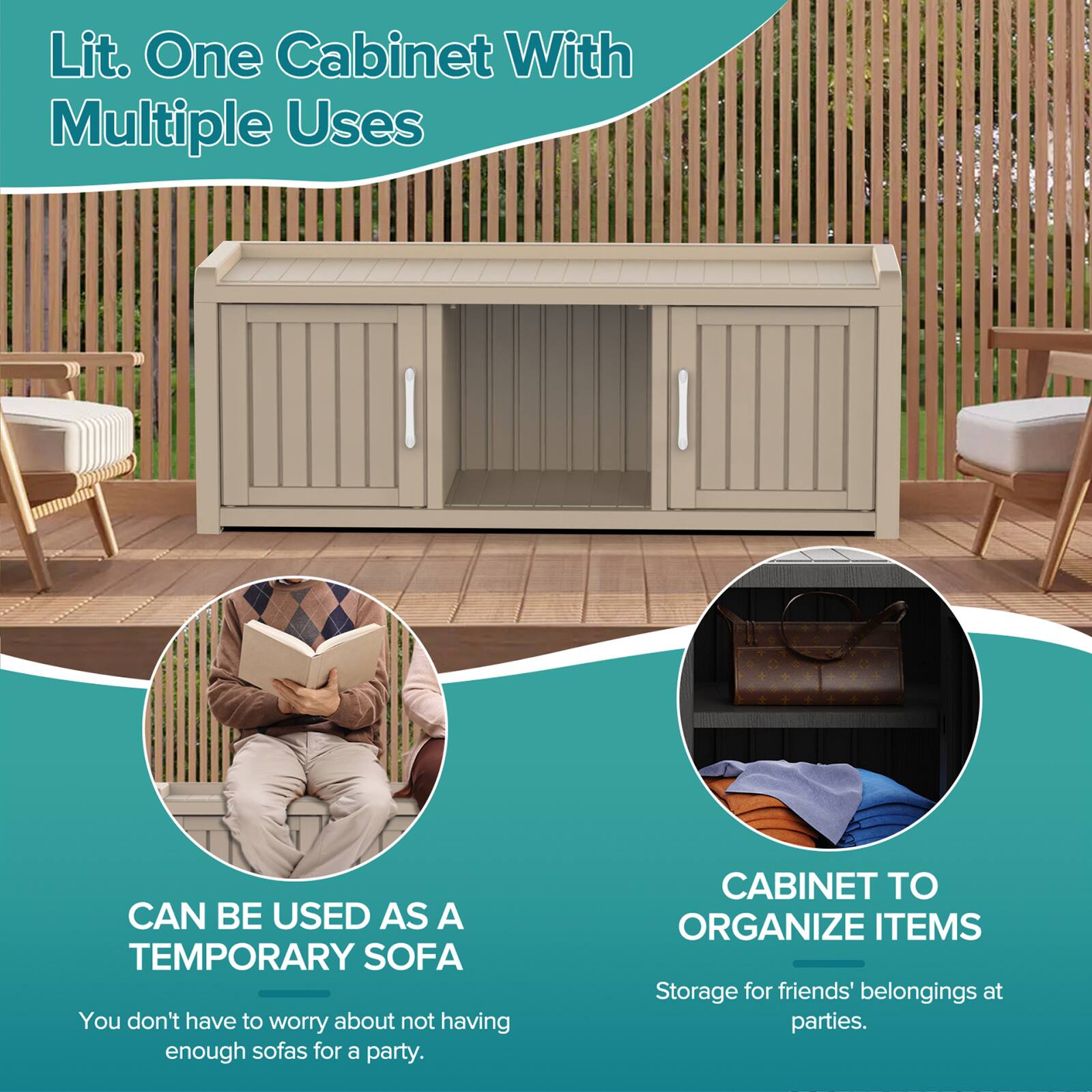 Lit. One Cabinet With Multiple Uses

- CAN BE USED AS A TEMPORARY SOFA
  You don't have to worry about not having enough sofas for a party.

- CABINET TO ORGANIZE ITEMS
  Storage for friends' belongings at parties.
