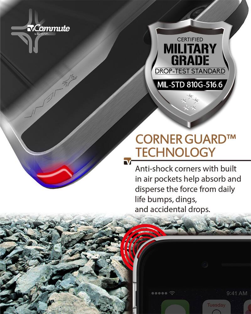 Commute - 1 INEAA NE CERTIFIED MILITARY GRADE DROP-TEST STANDARD MIL-STD 810G-516.6 CORNER GUARD™ TECHNOLOGY Anti-shock corners with built in air pockets help absorb and disperse the force from daily life bumps, dings, and accidental drops. 9:41 AM Tuesday
