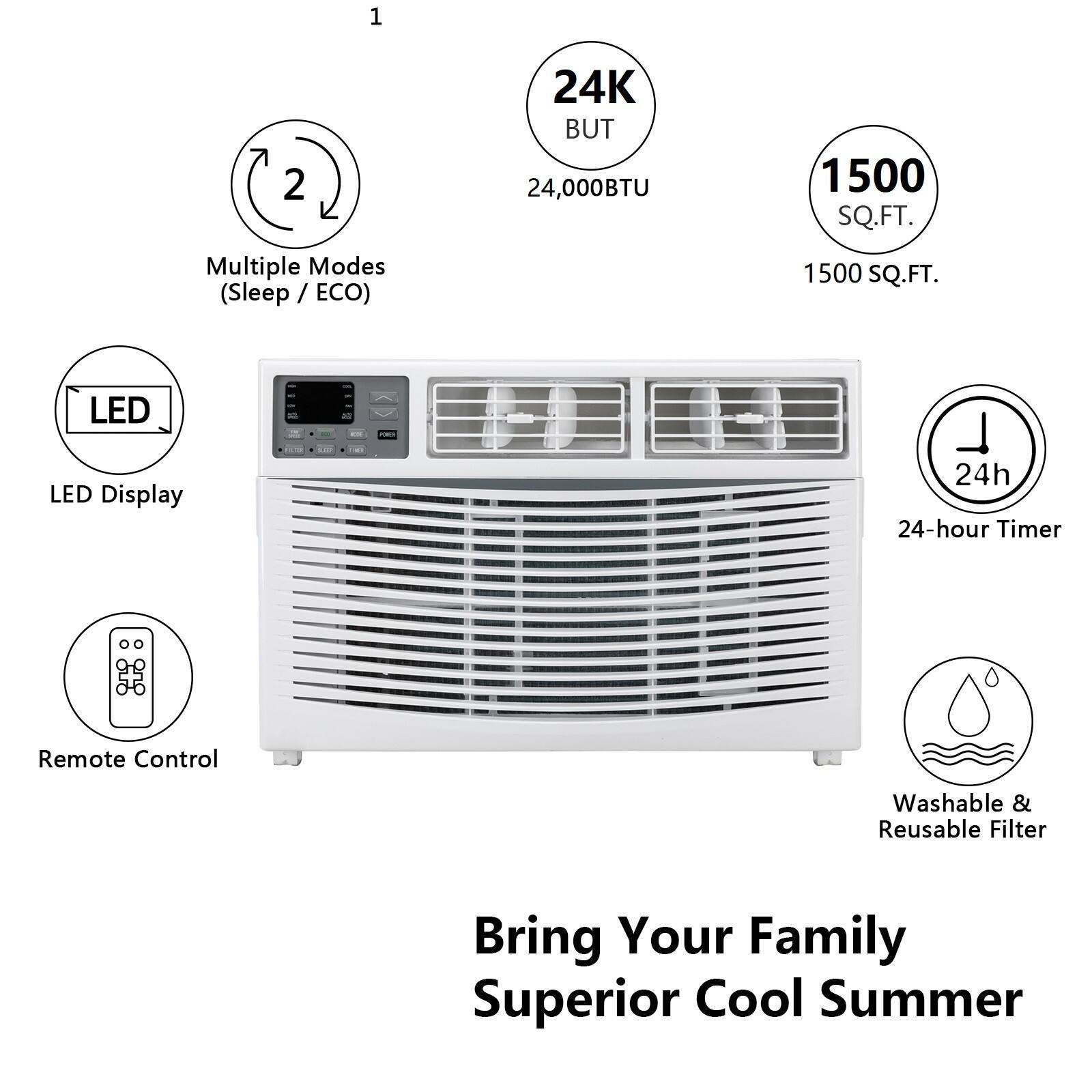 1. Multiple Modes (Sleep / ECO)
2. 24K BUT 24,000BTU
3. 1500 SQ.FT.
4. LED Display
5. 24-hour Timer
6. Remote Control
7. Washable & Reusable Filter
8. Bring Your Family Superior Cool Summer