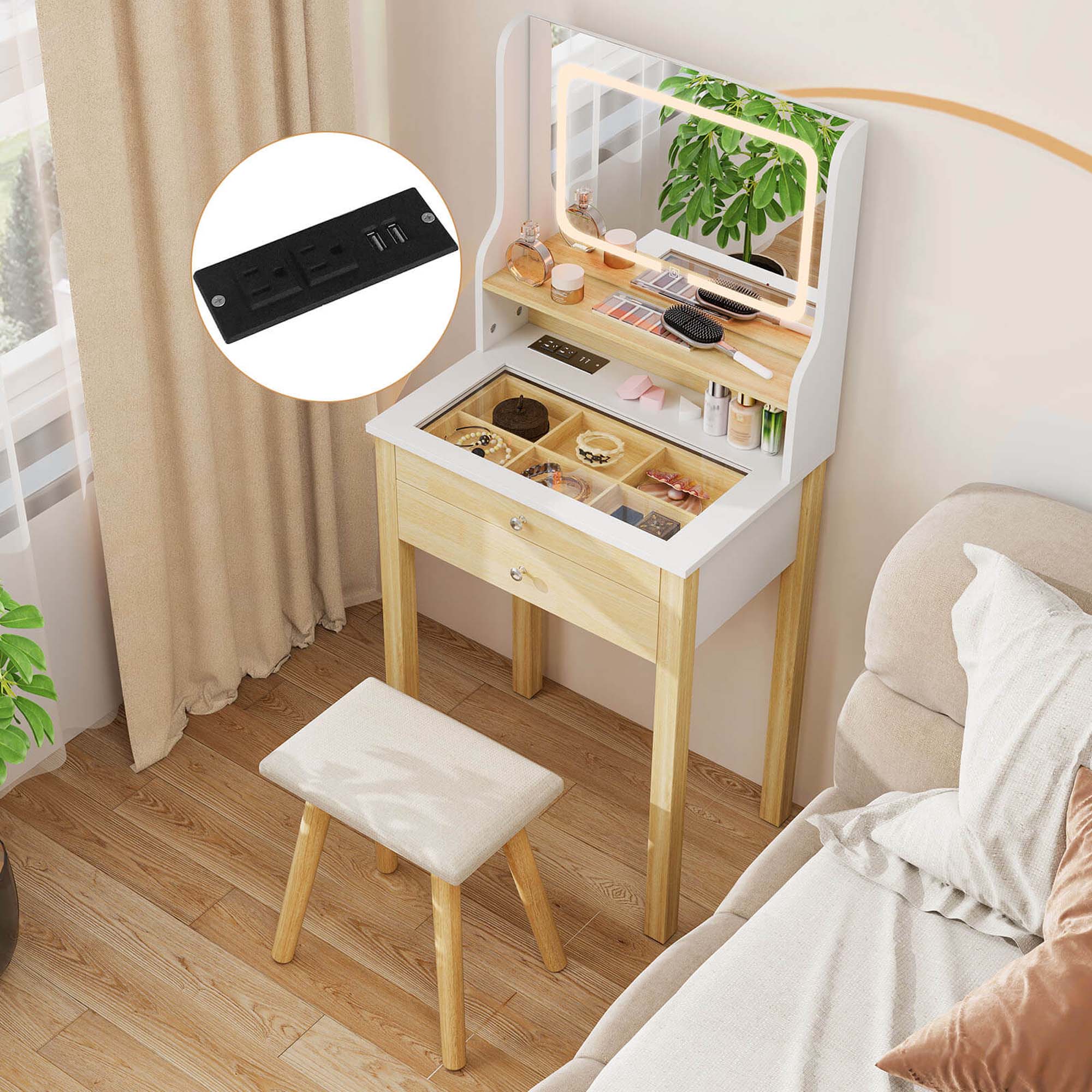 Alt View 3. Costway - Costway Small Vanity Desk Set with Adjustable LED Lighted Mirror and Power Outlets White - White.