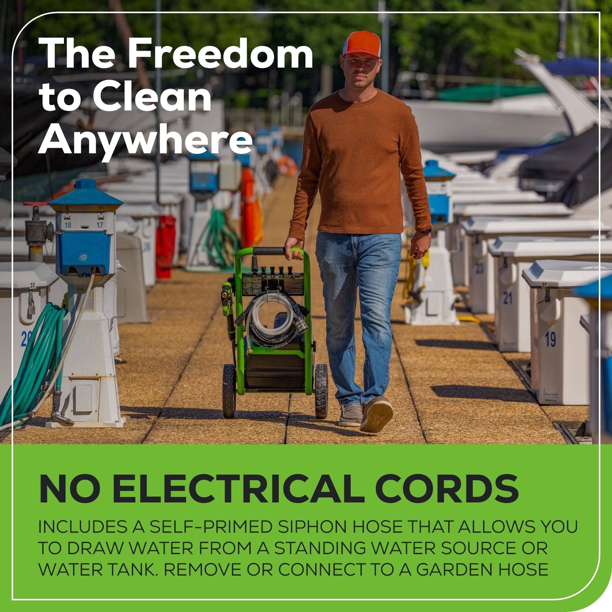 The Freedom to Clean Anywhere

NO ELECTRICAL CORDS

INCLUDES A SELF-PRIMED SIPHON HOSE THAT ALLOWS YOU TO DRAW WATER FROM A STANDING WATER SOURCE OR WATER TANK. REMOVE OR CONNECT TO A GARDEN HOSE