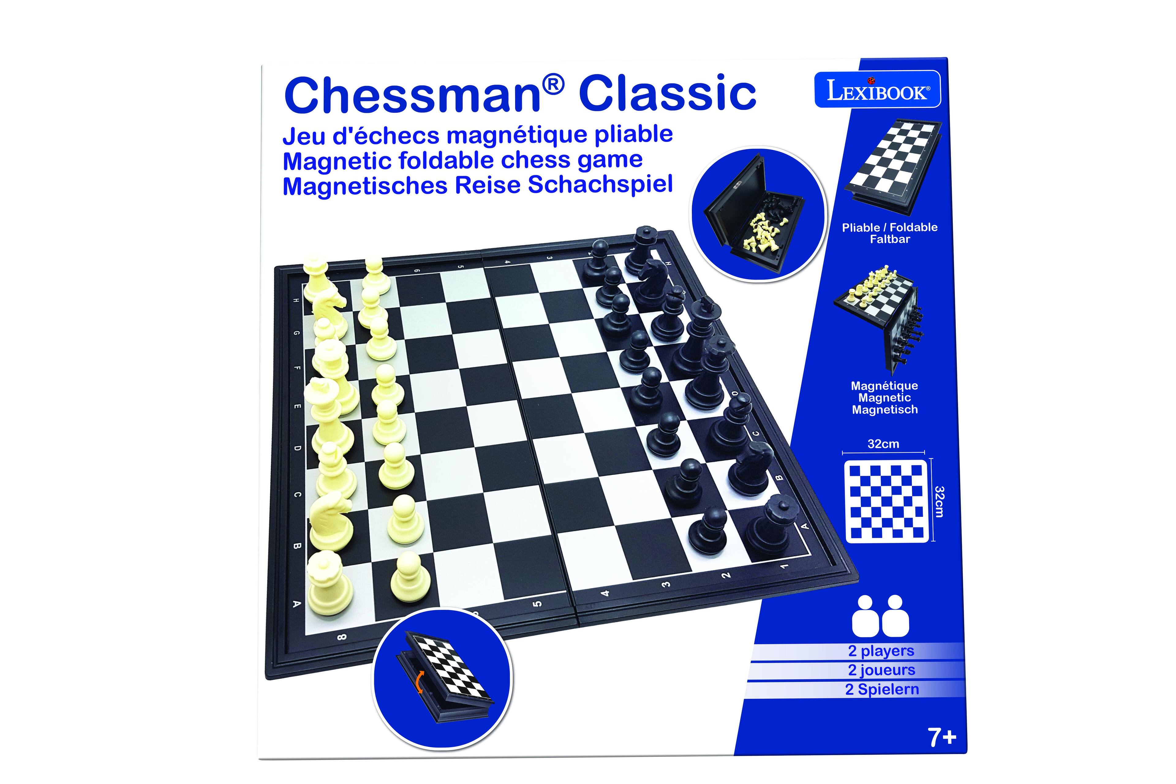 Chessman® Classic  
Jeu d'échecs magnétique pliable  
Magnetic foldable chess game  
Magnetisches Reise Schachspiel  

Pliable / Foldable / Faltbar  
Magnetique / Magnetic / Magnetisch  

32cm x 32cm  

2 players / 2 joueurs / 2 Spielern  

7+