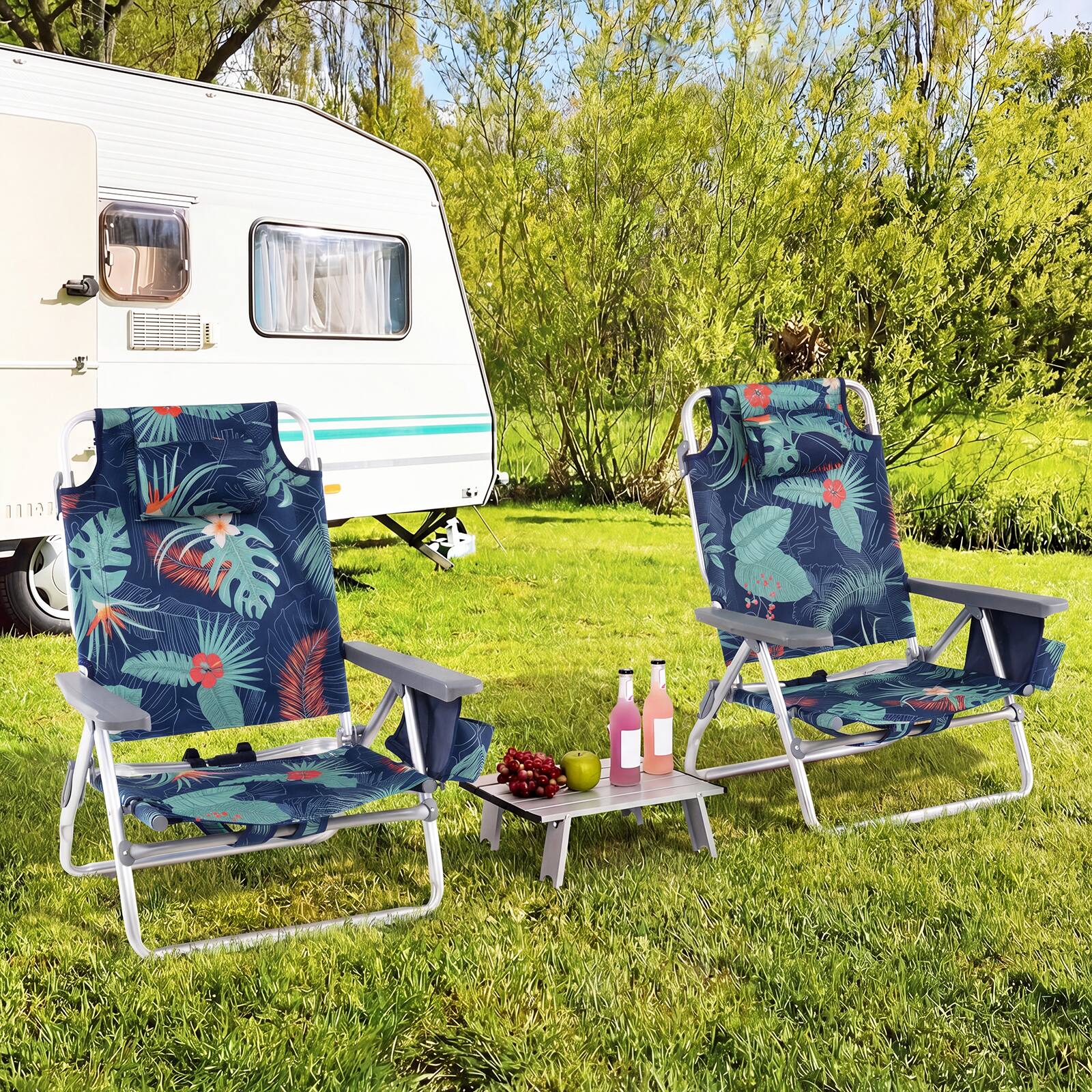 Alt View 1. Costway - Costway 2-Pack Folding Backpack Beach Chair Table Set 5-Position Outdoor Reclining Chair - Multicolor.