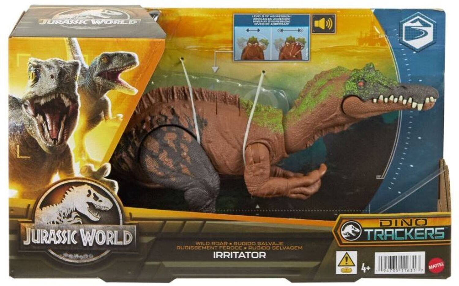 Jurassic World  
Levels of Aggression  
Niveles de Agresión  
Niveaux de Agression  
Niveaux de Agresión  

Wild Roar  
Rugido Salvaje  
Rugissement Féroce  
Rugido Selvagem  

Irritator  

Dino Trackers  

4+  
Mattel  
94735  
116317