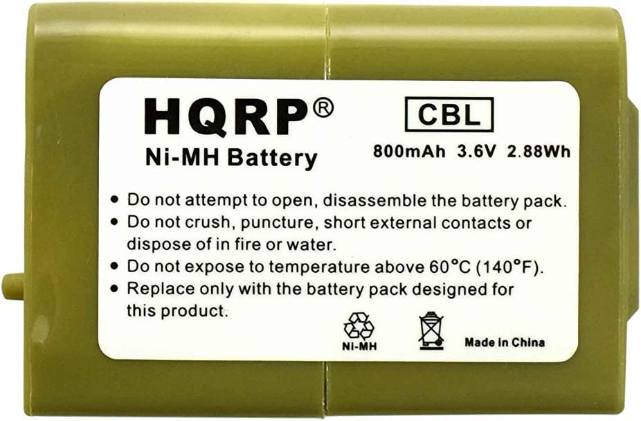 HQRP CBL Ni-MH 800mAh 3.6V 2.88Wh Battery

Do not attempt to open, disassemble the battery pack. Do not crush, puncture, short external contacts or dispose of in fire or water. Do not expose to temperature above 60°C (140°F). Replace only with the battery pack designed for this product. NI-MH Made in China