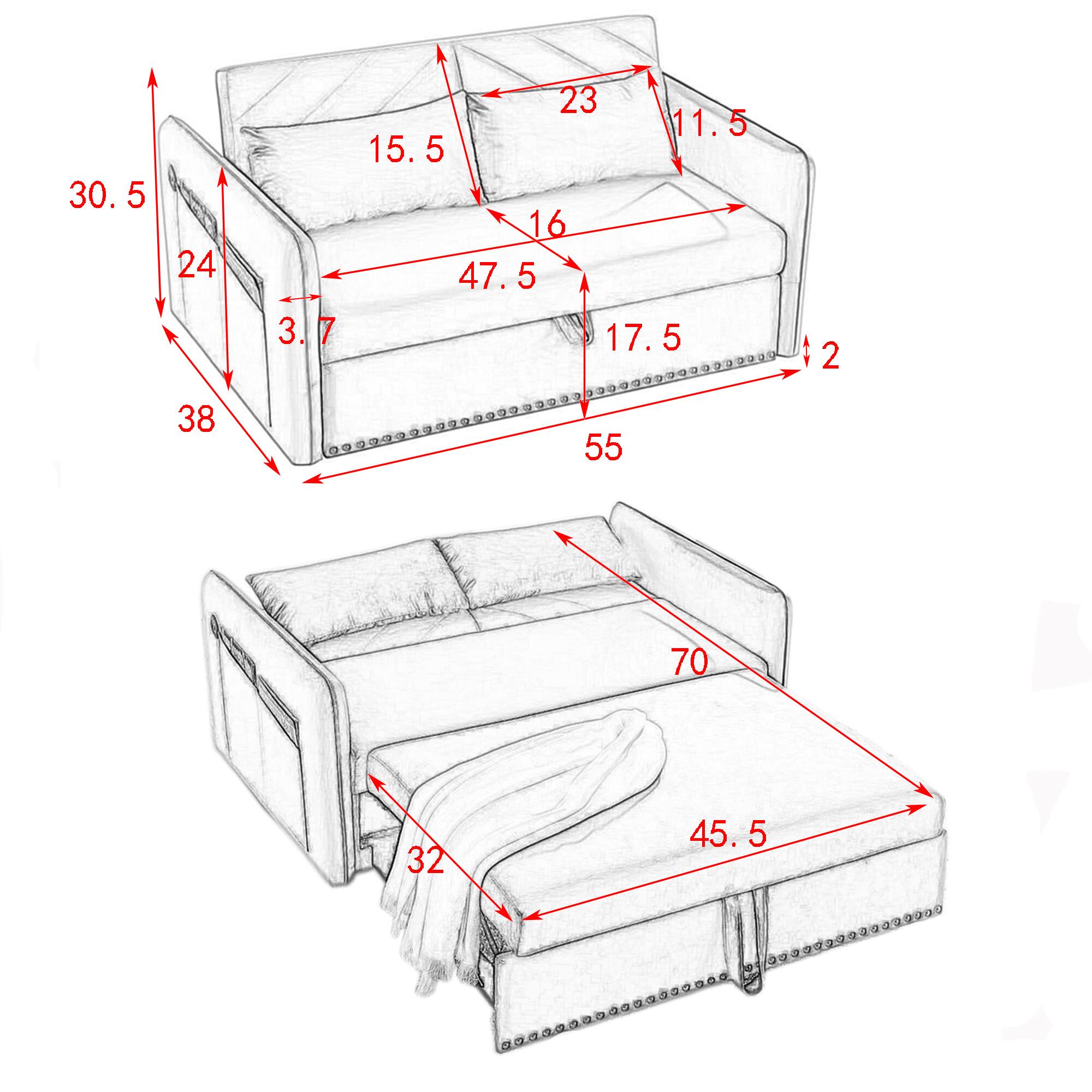 Here is the corrected and grouped text based on the image:

- **Dimensions of the sofa:**
  - Width: 70
  - Height: 45.5
  - Depth: 55

- **Dimensions of the backrest:**
  - Width: 47.5
  - Height: 30.5
  - Depth: 24

- **Dimensions of the seat:**
  - Width: 55
  - Depth: 38

- **Dimensions of the armrest:**
  - Height: 3.7
  - Width: 3.5

- **Dimensions of the cushion:**
  - Width: 23
  - Depth: 11.5

- **Additional measurements:**
  - 15.5
  - 16
  - 17.5
  - 2
  - 32
  - 45.5
  - 5