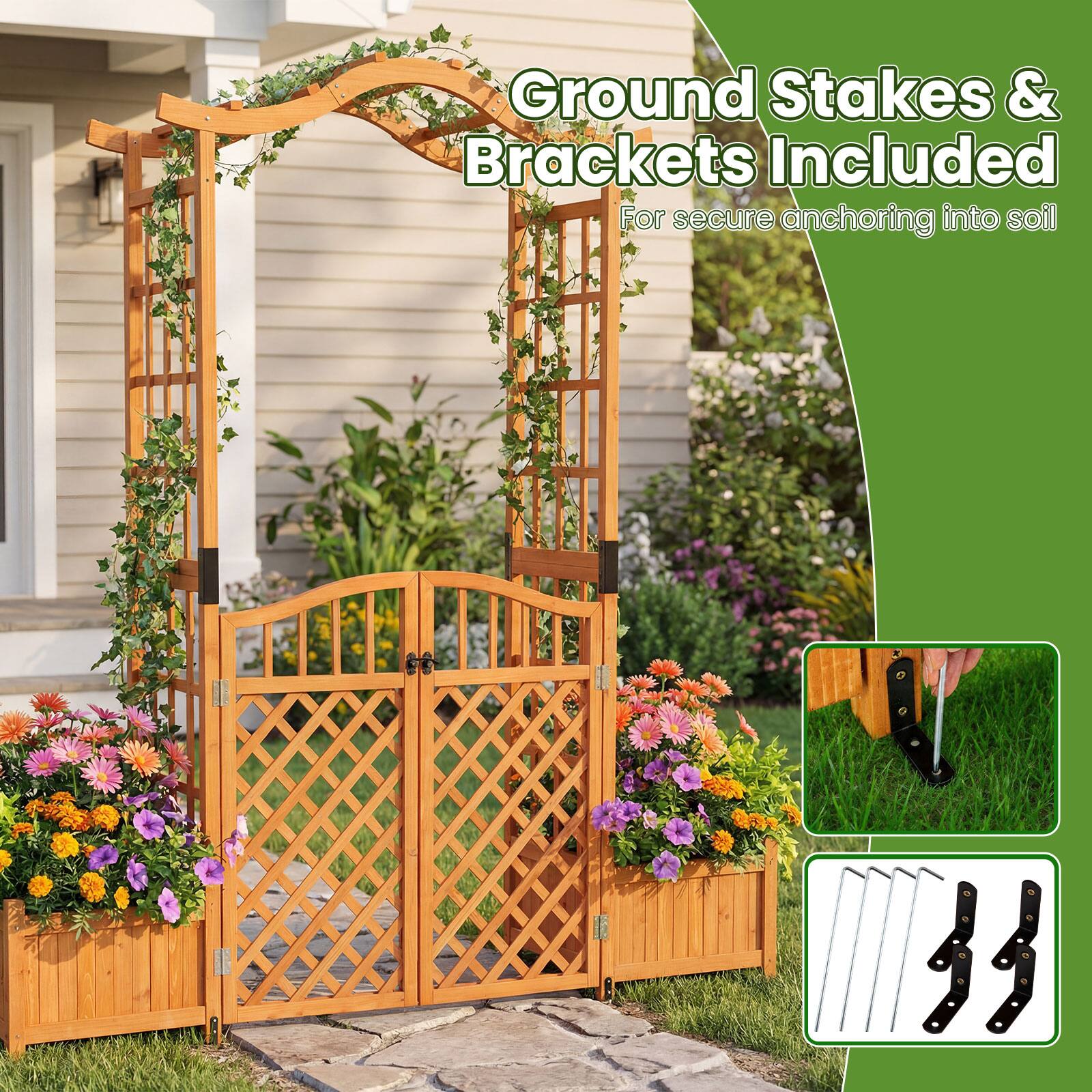 Ground Stakes & Brackets Included  
For secure anchoring into soil