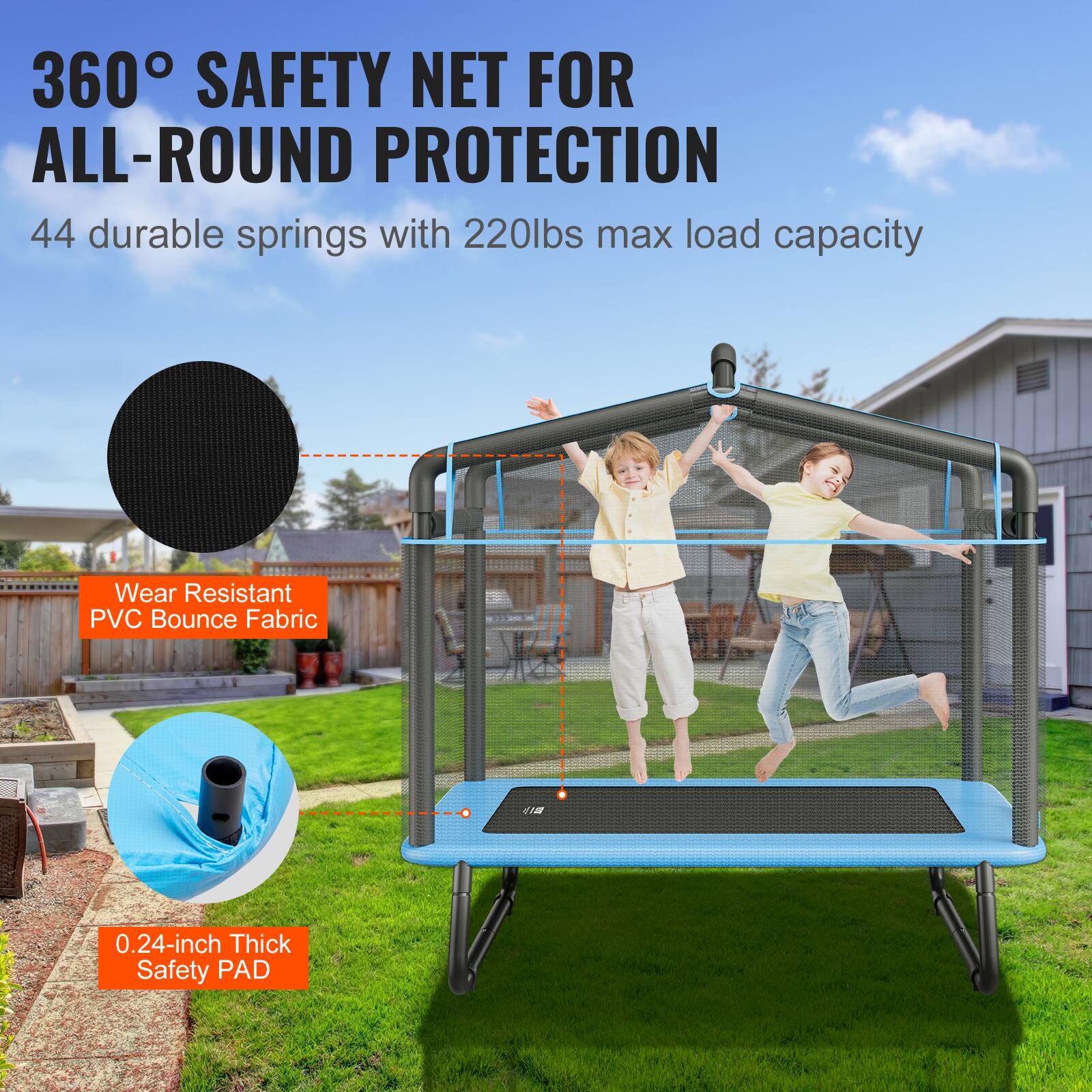 360° Safety Net for All-Round Protection

44 durable springs with 220lbs max load capacity

Wear Resistant PVC Bounce Fabric

0.24-inch Thick Safety Pad