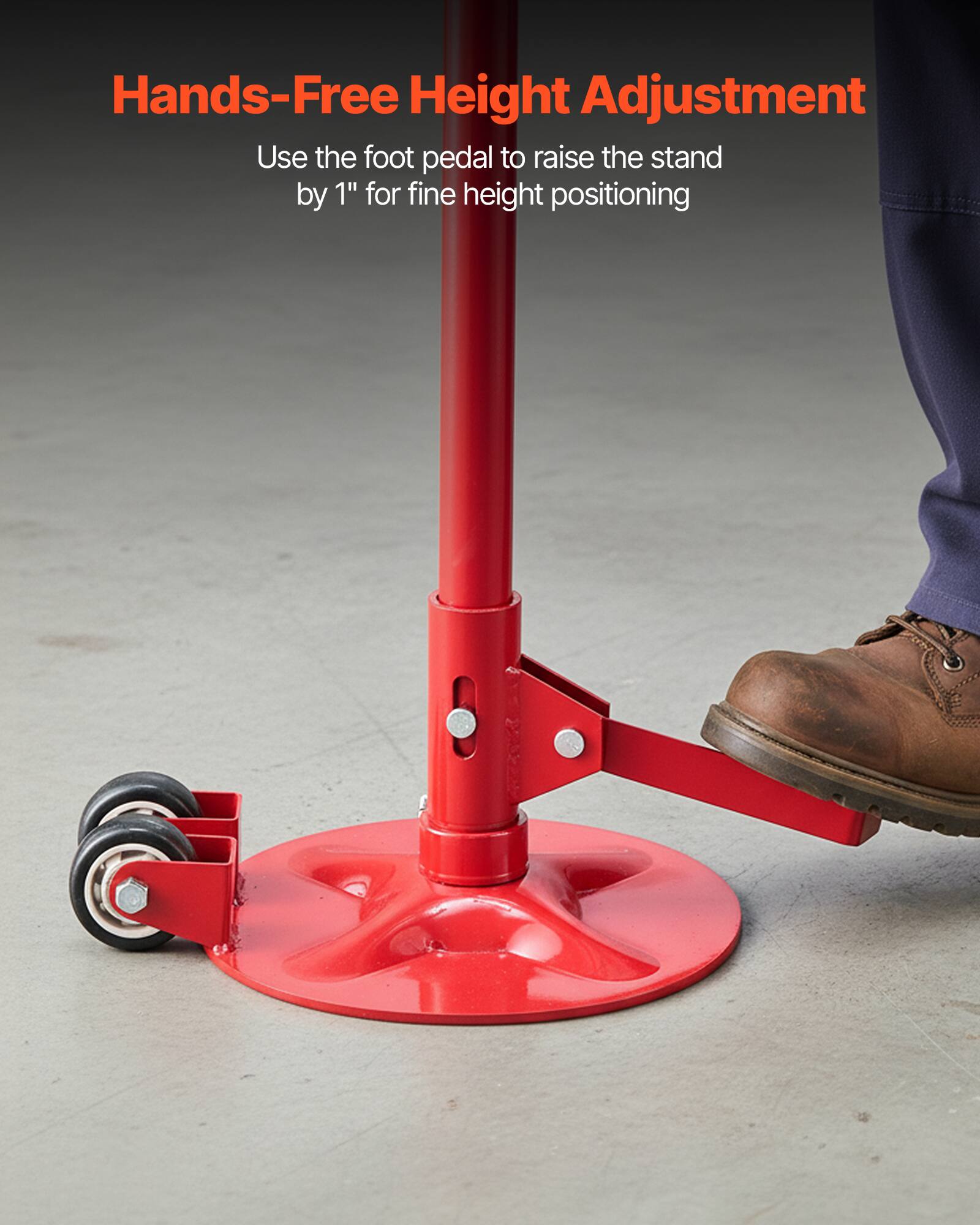 Hands-Free Height Adjustment  
Use the foot pedal to raise the stand by 1" for fine height positioning
