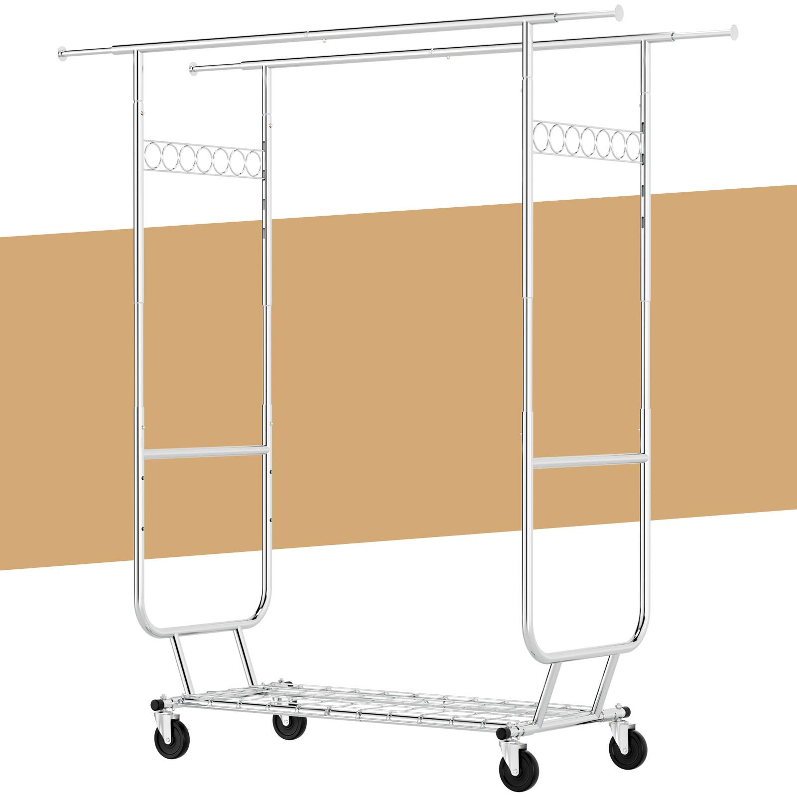 Angle. Topteng - Heavy Duty Rolling Clothes Rack - 660 lbs Capacity, Adjustable Height & Width, 4 Locking Wheels, Chrome Steel for Home - Silver.