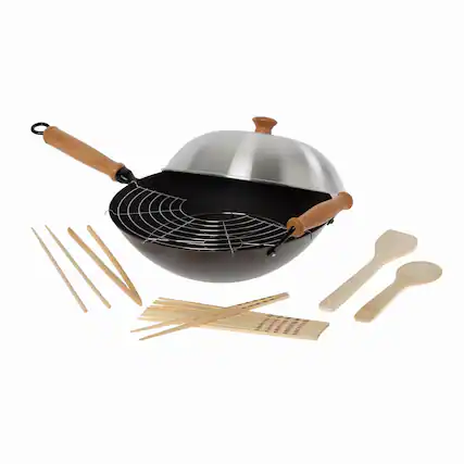 Front. Joyce Chen - Professional Series 14-Inch Carbon Steel Ceramic Nonstick Flat Bottom Wok Set with Lid and Maple Handles, 10 Pieces - Black.