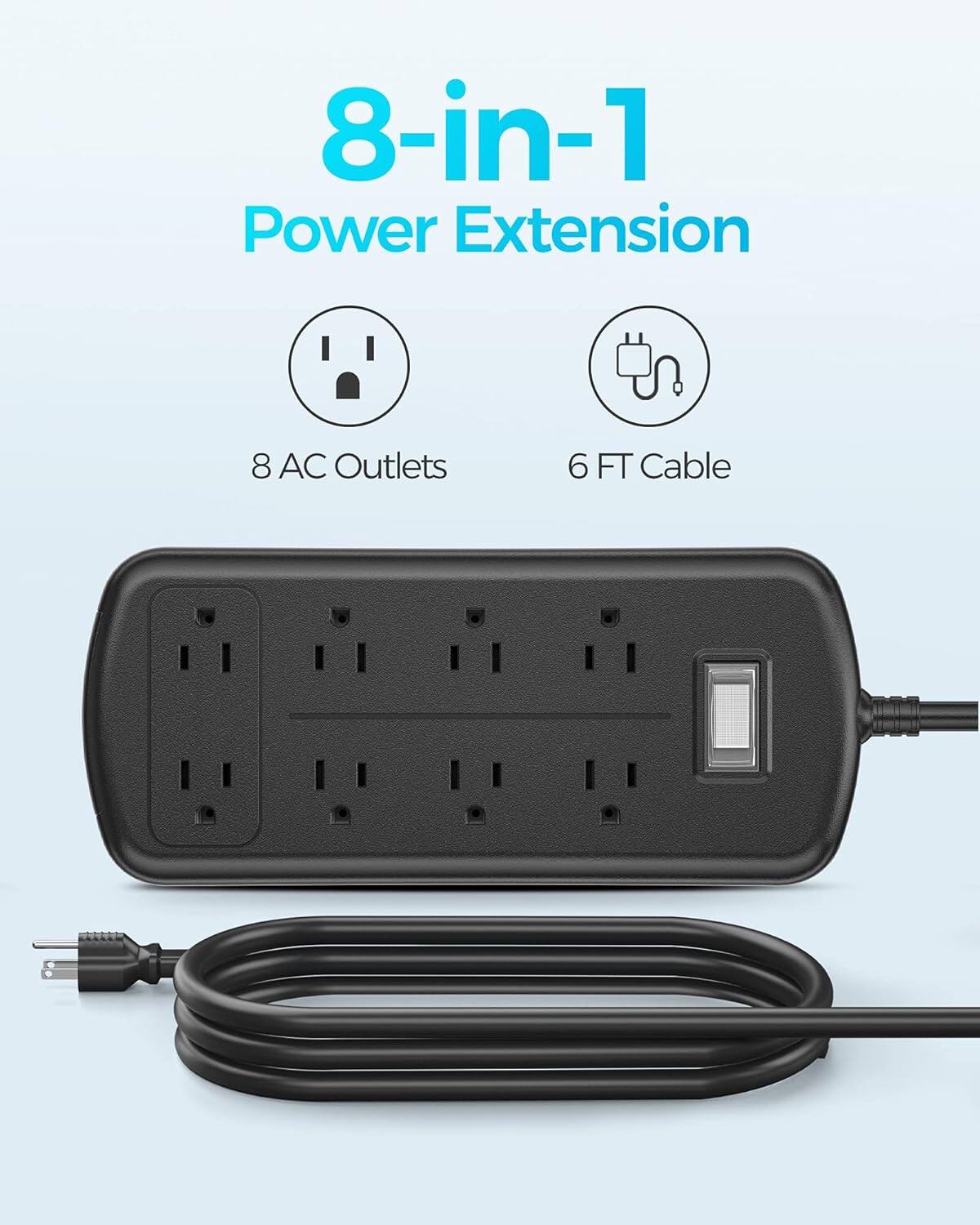 8-in-1 Power Extension  
8 AC Outlets  
6 FT Cable