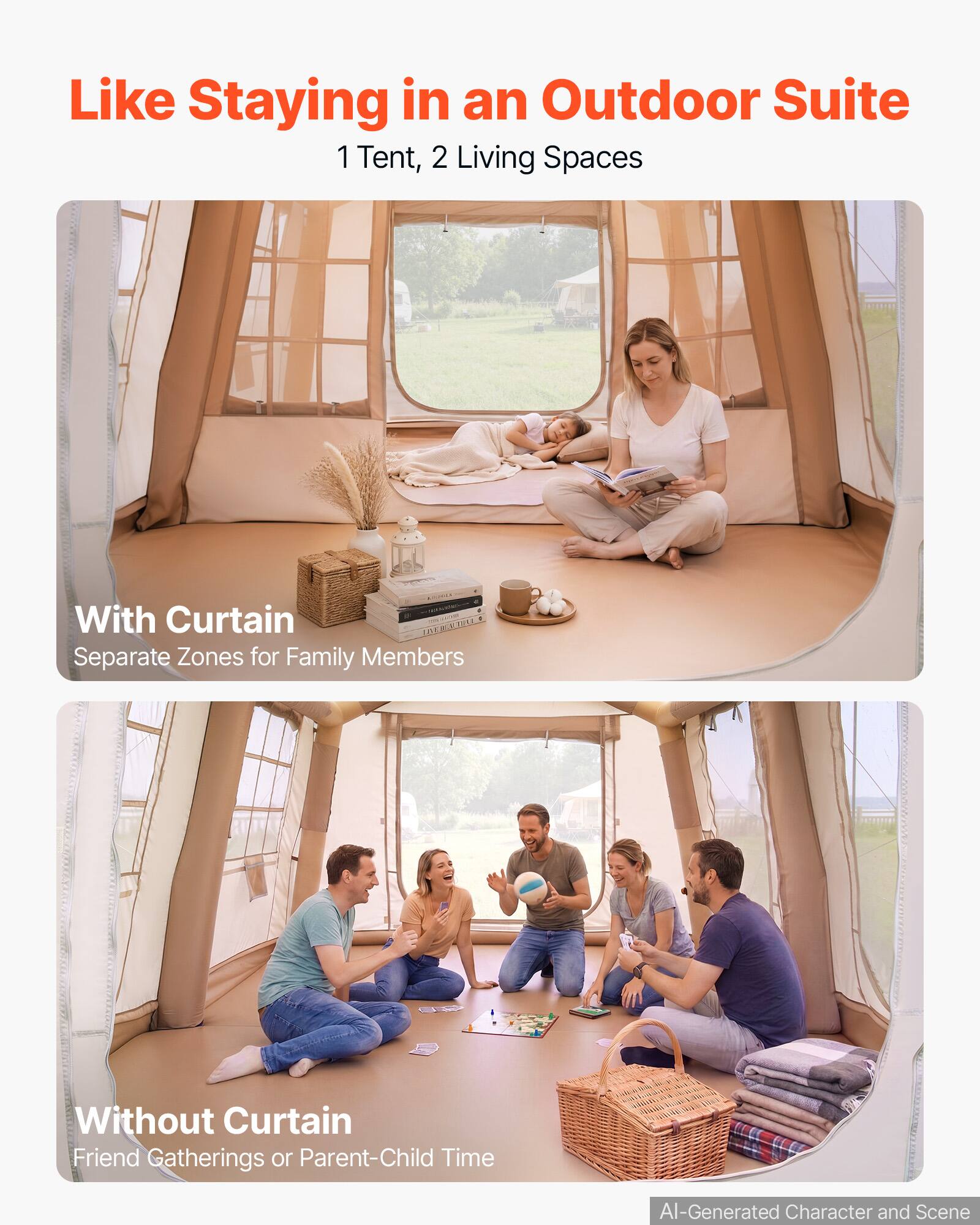 Like Staying in an Outdoor Suite  
1 Tent, 2 Living Spaces  

With Curtain  
Separate Zones for Family Members  

Without Curtain  
Friend Gatherings or Parent-Child Time  

AI-Generated Character and Scene