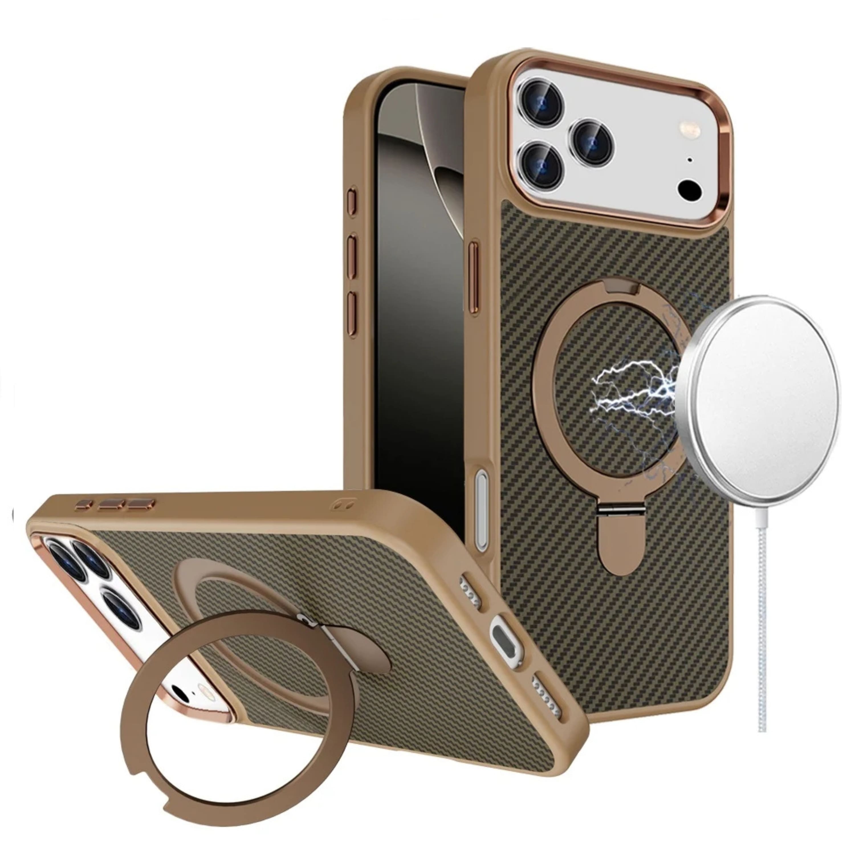 Kitcheniva - Rugged Carbon Fiber Protective Phone Case With Metal Kickstand For iPhone 17 Pro - Brown