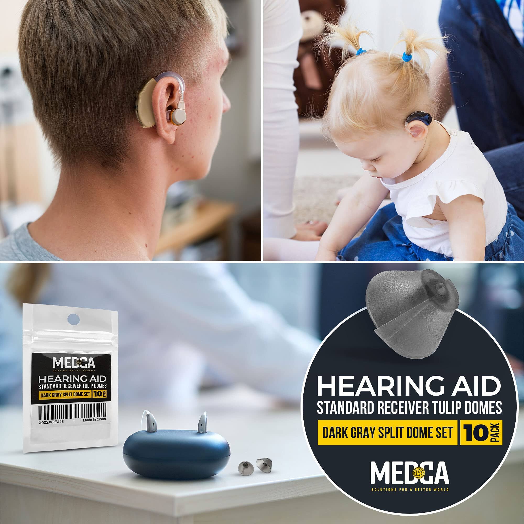 HEARING AID STANDARD RECEIVER TULIP DOMES  
DARK GRAY SPLIT DOME SET  
10 PACK  

MEDCA  
SOLUTIONS FOR A BETTER WORLD  

Made in China  

X026X0EJ43
