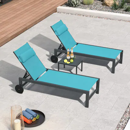 Front. PURPLE LEAF - 3-Pieces Aluminum Frame with Side Table and Wheels for Outside Sunbathing Tanning Recliner Including Pillows, Blue - Blue.