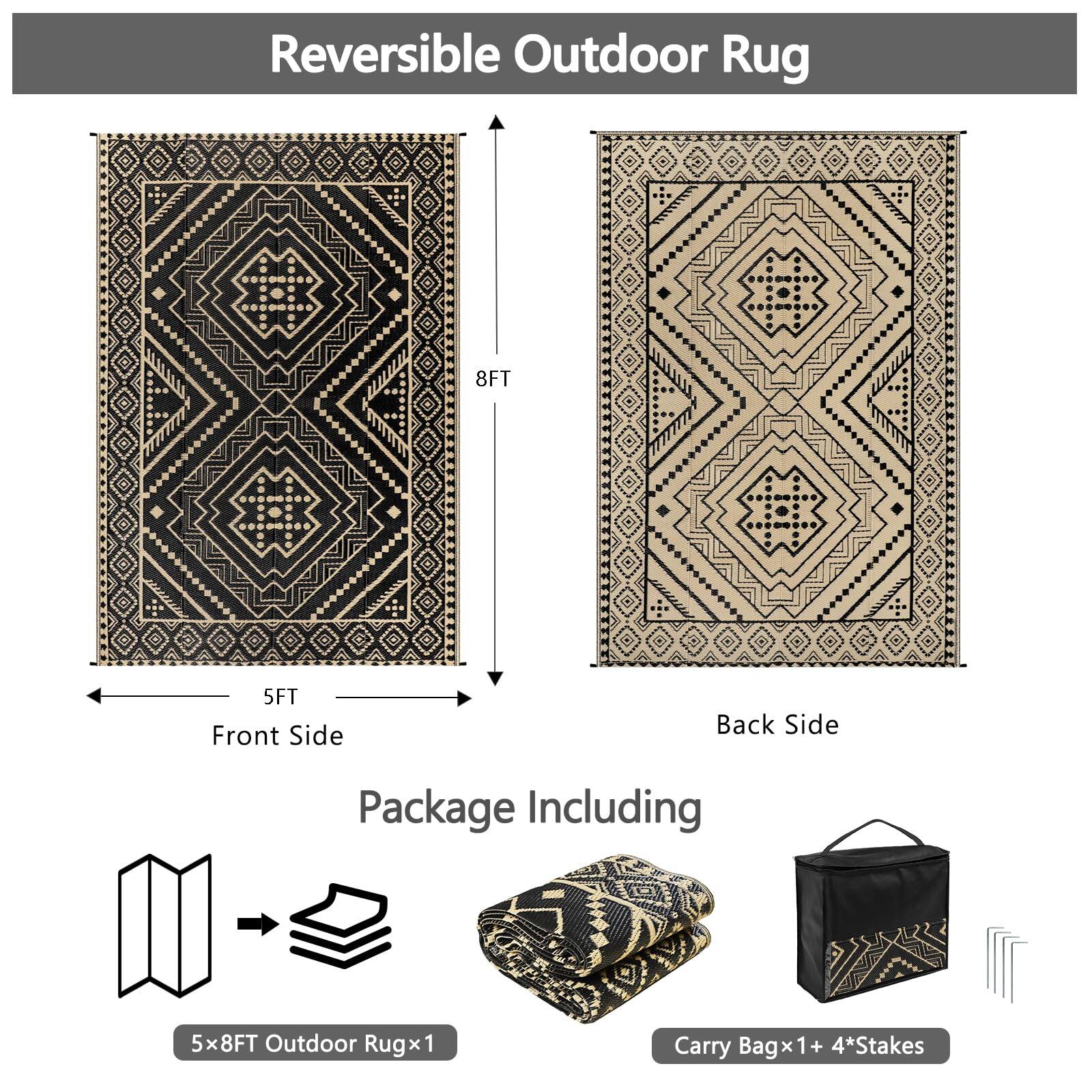 Reversible Outdoor Rug

Front Side  
Back Side

Package Including  
5x8FT Outdoor Rug x 1  
Carry Bag x 1 + 4*Stakes