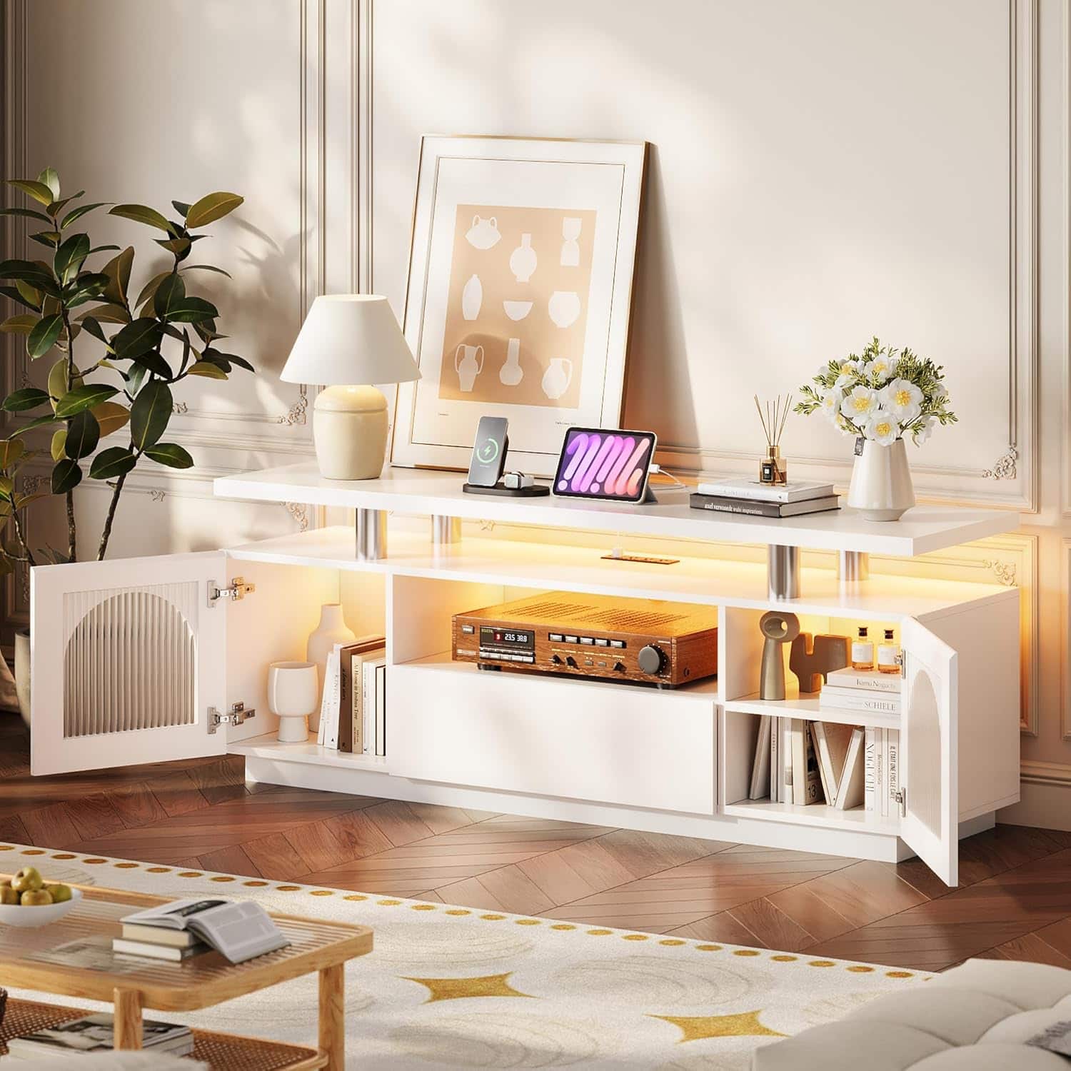 Acekool - Modern TV Stand for 65–70" TVs, Entertainment Center with Power Outlets, LED, Drawer and Shelves - White