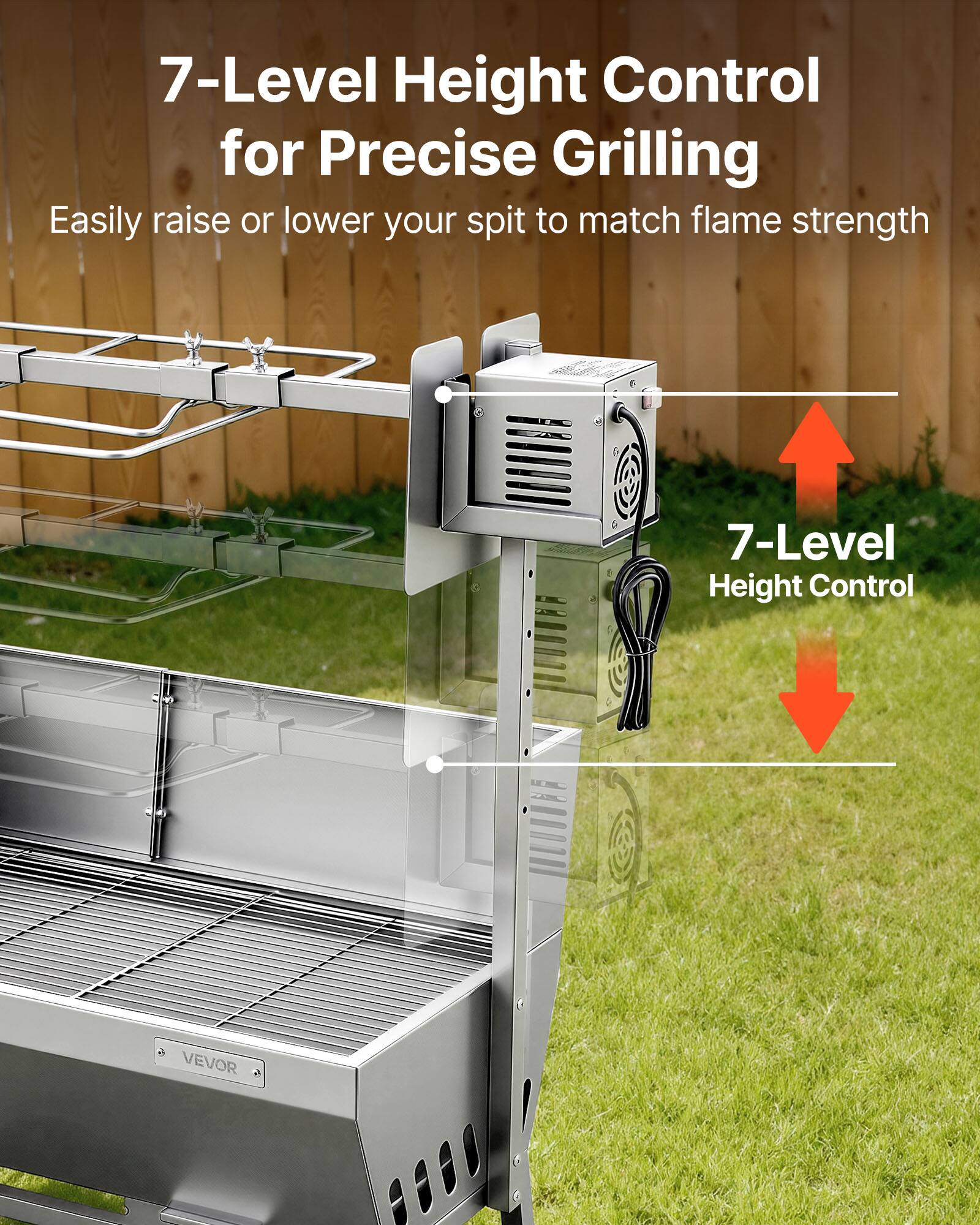 7-Level Height Control for Precise Grilling  
Easily raise or lower your spit to match flame strength  

7-Level Height Control