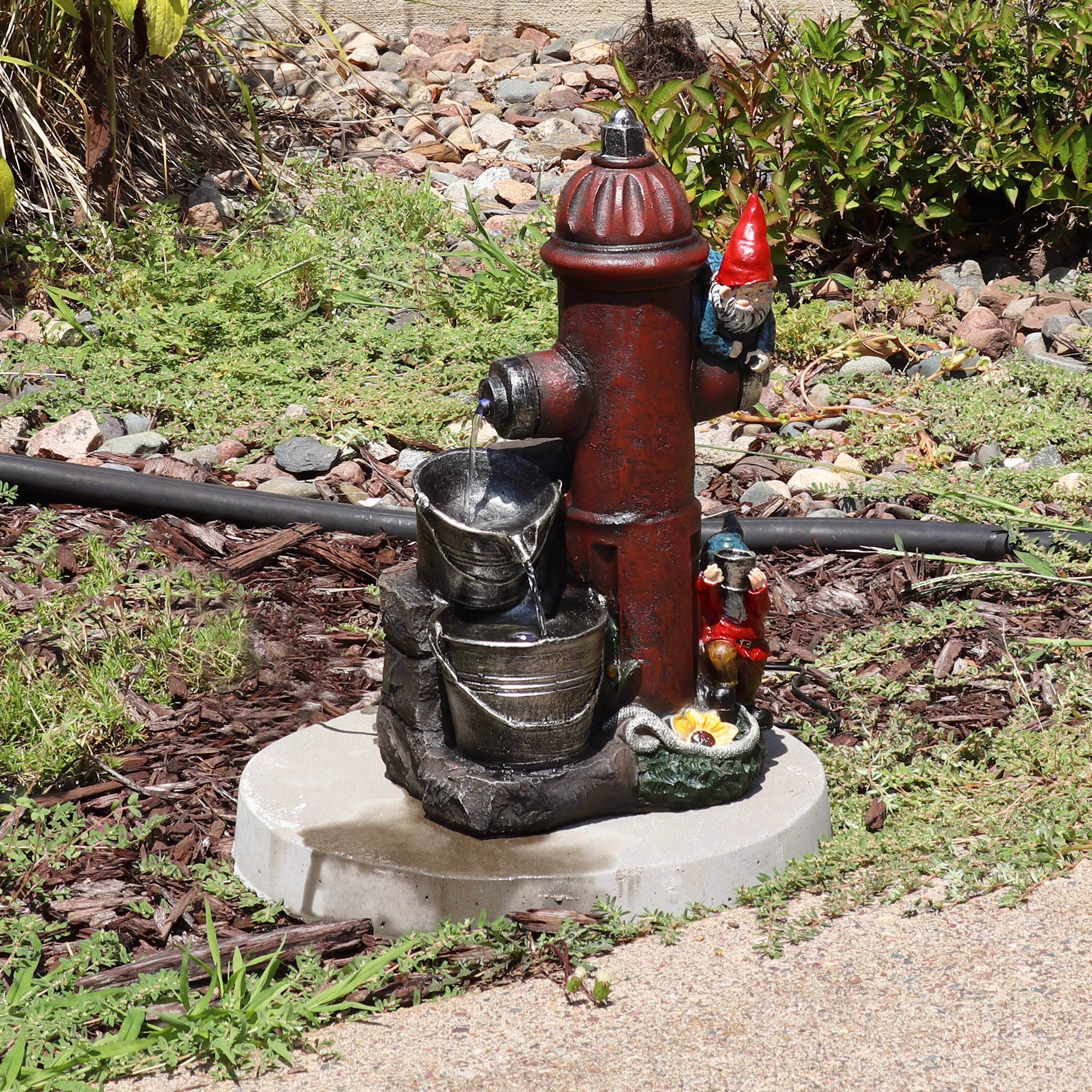 Alt View 3. Sunnydaze - Electric Fire Hydrant Gnome Water Fountain with LED Light - 16 in - Dark Red.