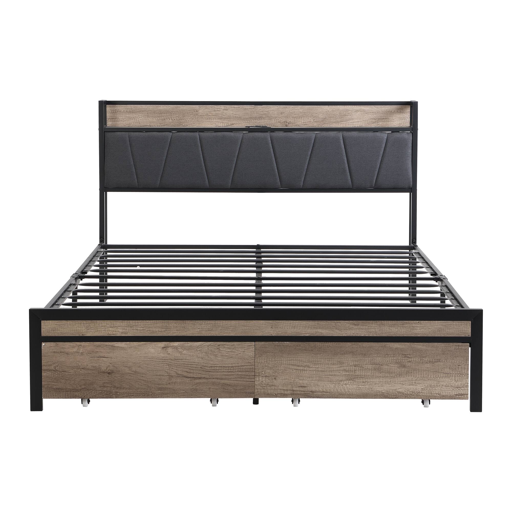 Back. Trinkets Crazed - Queen Size Metal Platform Bed Frame with Storage Headboard and USB and Footboard with Drawers, No Box Spring Needed - Black.