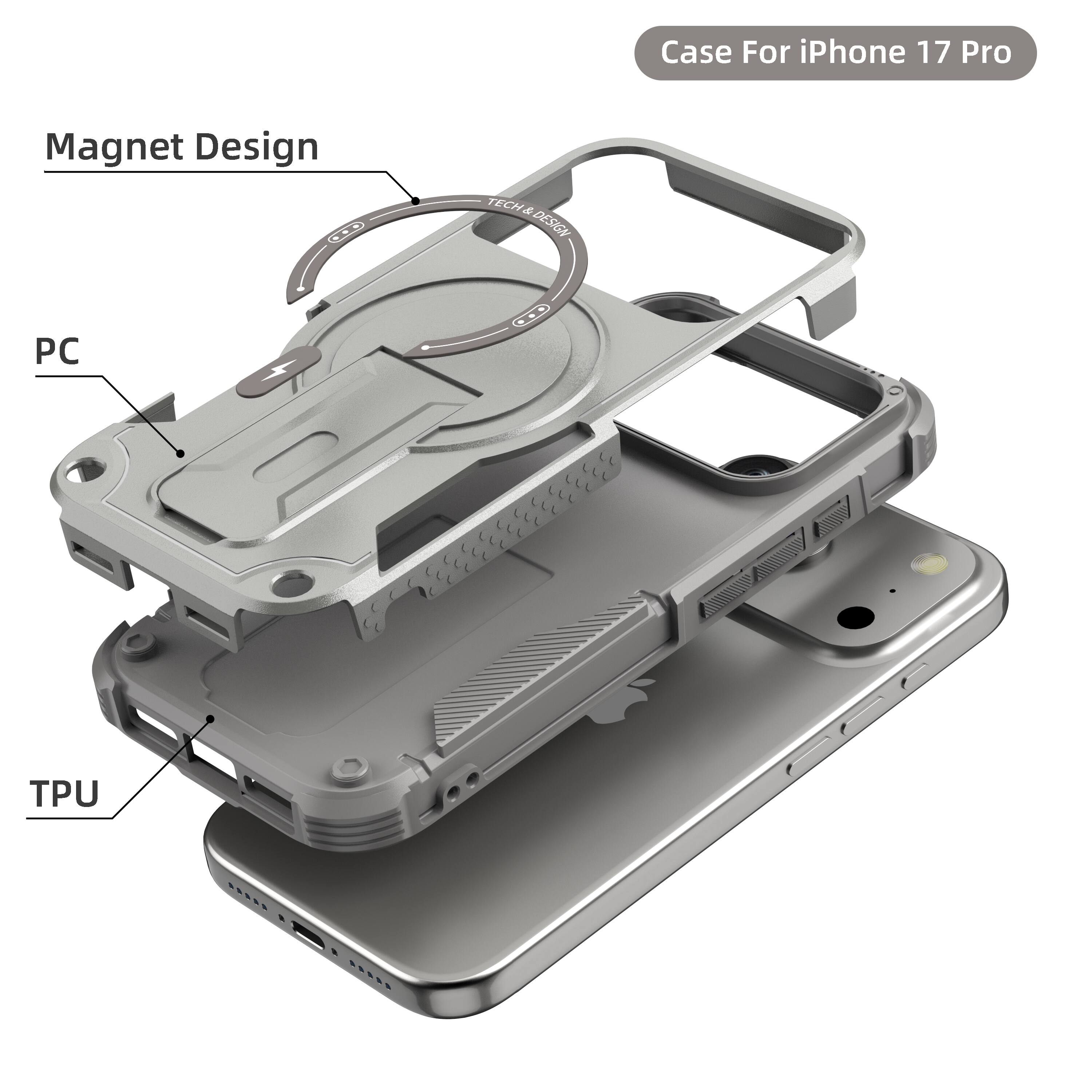 Case For iPhone 17 Pro  
Magnet Design  
TECHADESE DESIGN  
PC  
TPU