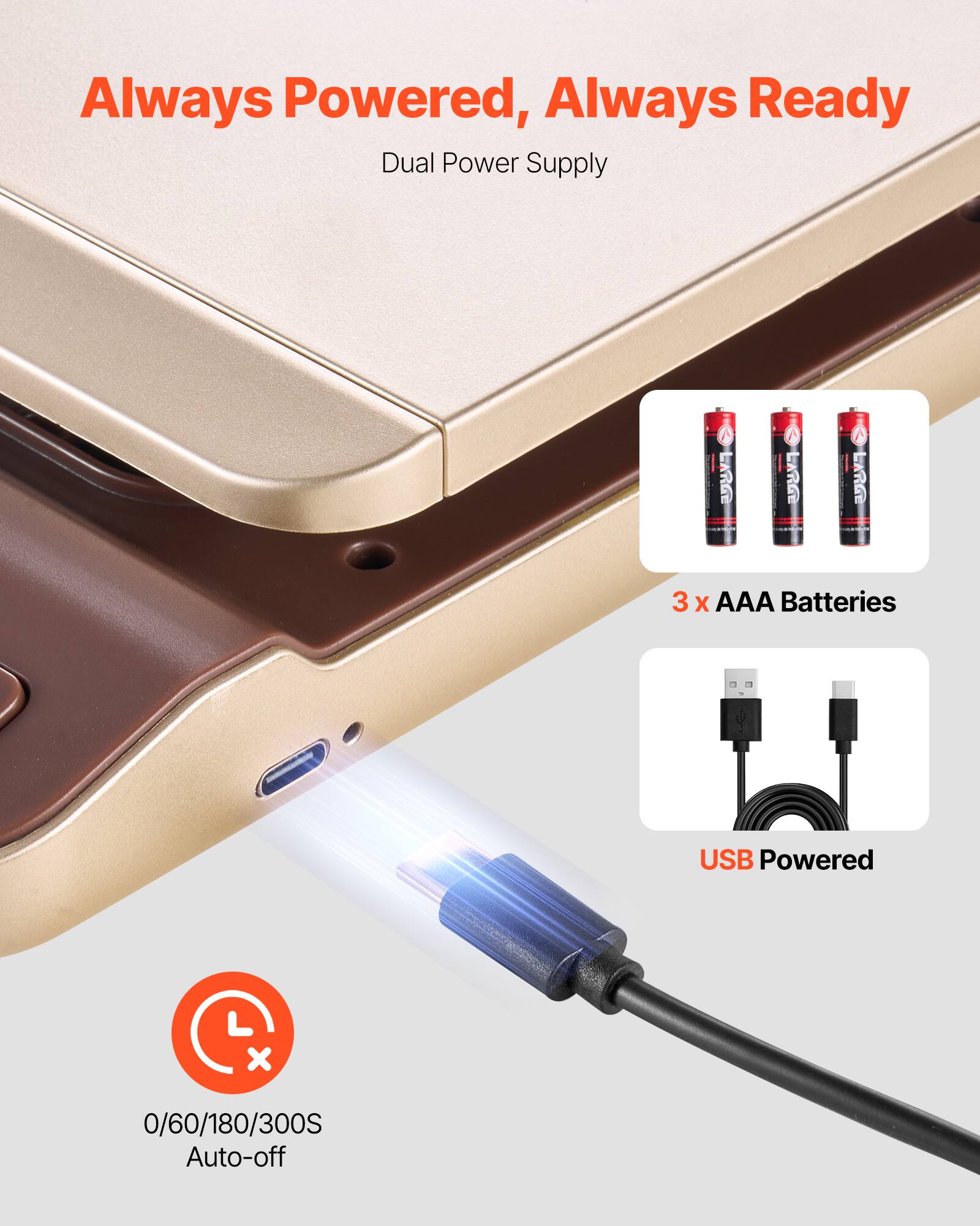 Always Powered, Always Ready  
Dual Power Supply  

3 x AAA Batteries  
USB Powered  

0/60/180/300S Auto-off